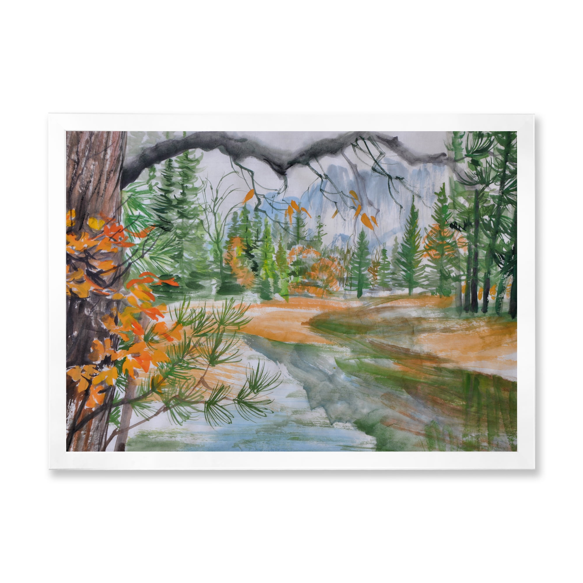 Designart 'Trees With River In Autumn Forest' Lake House Framed Art Print