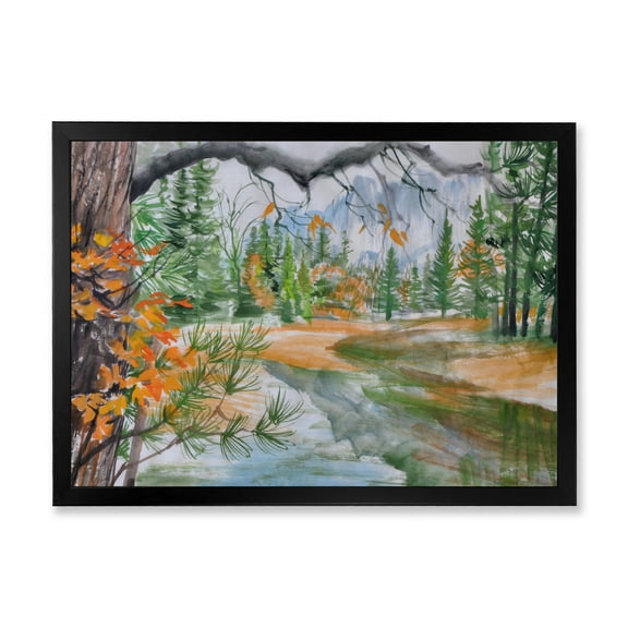 Designart 'Trees With River In Autumn Forest' Lake House Framed Art Print