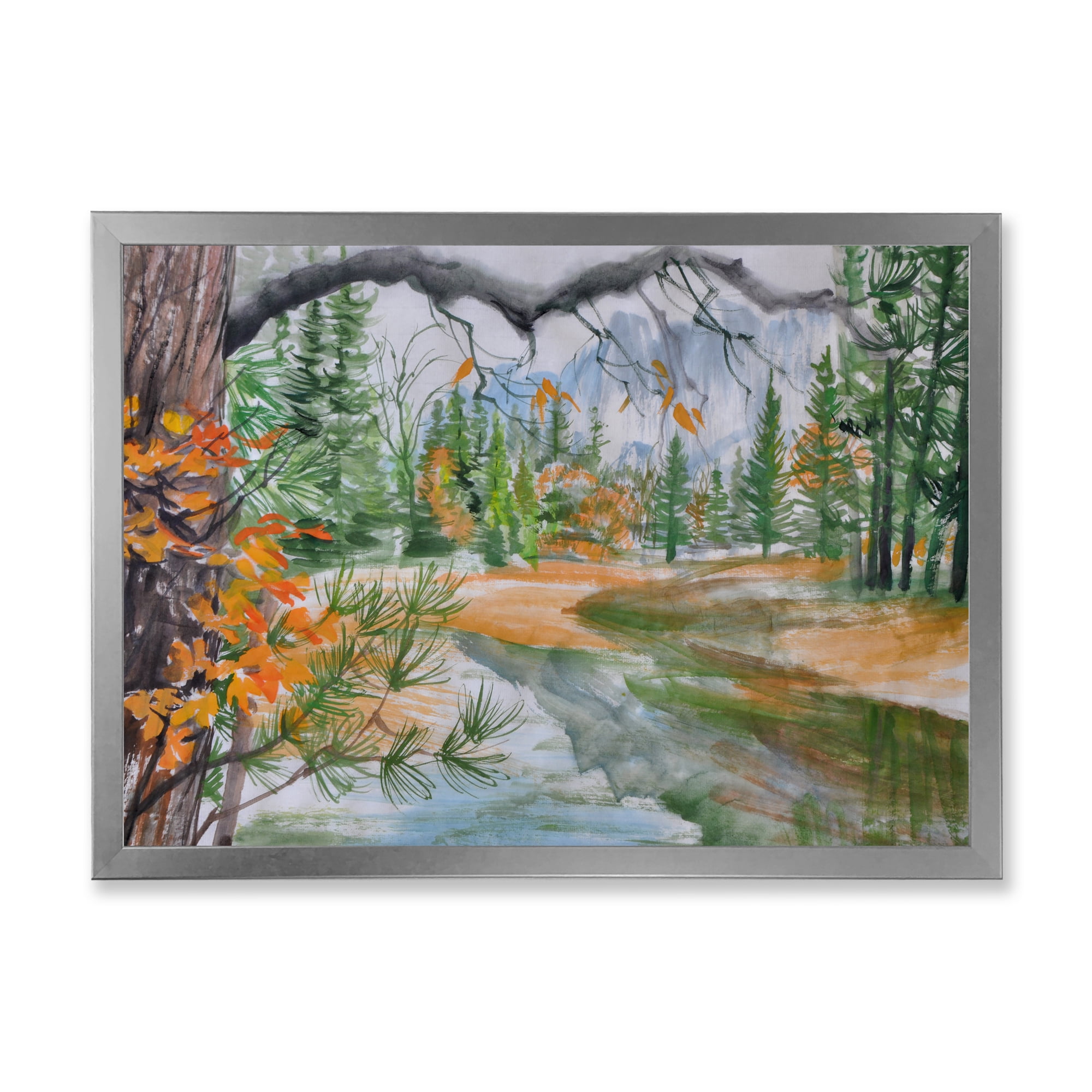 Designart 'Trees With River In Autumn Forest' Lake House Framed Art Print
