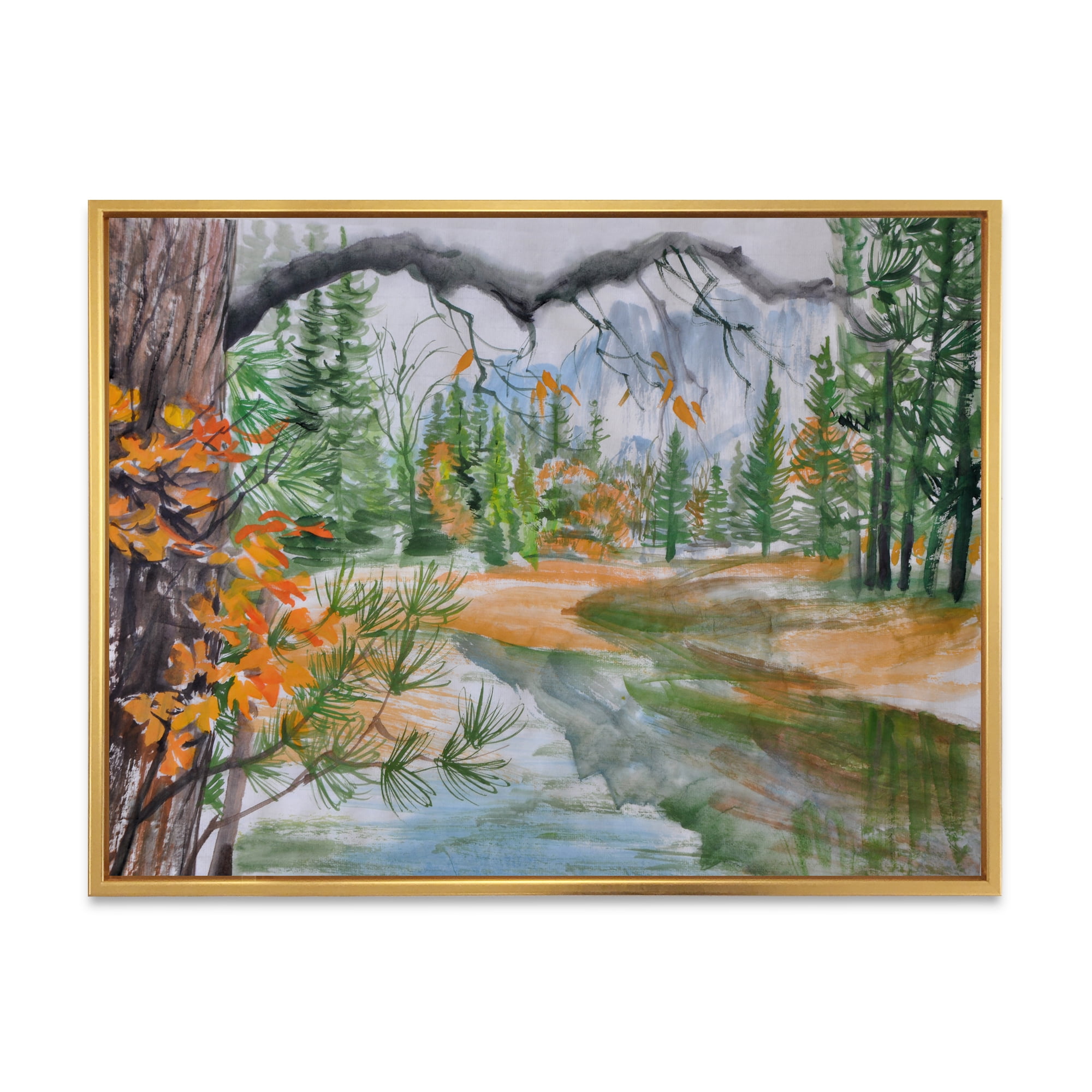 Designart 'Trees With River In Autumn Forest' Lake House Framed Canvas Wall Art Print