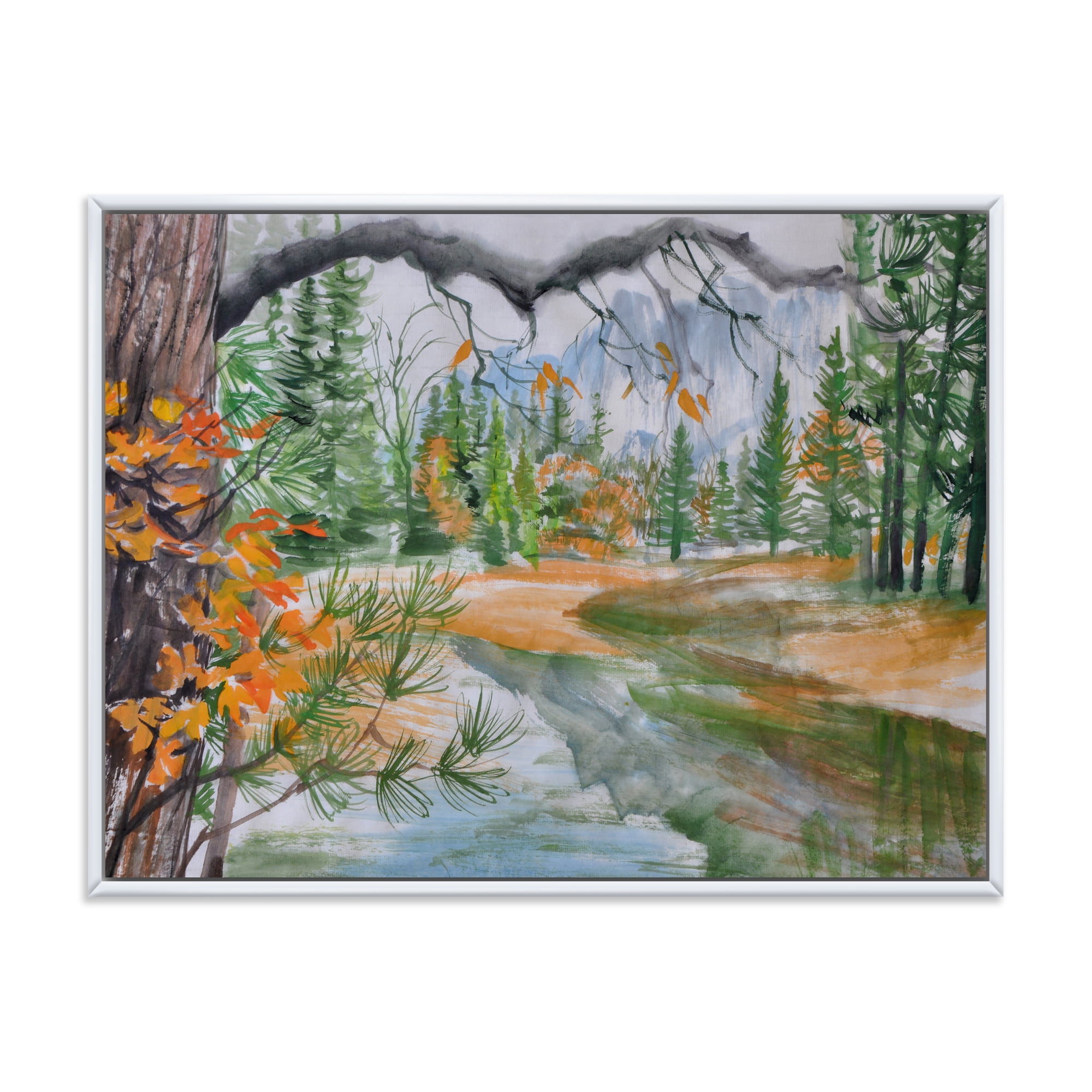 Designart 'Trees With River In Autumn Forest' Lake House Framed Canvas Wall Art Print