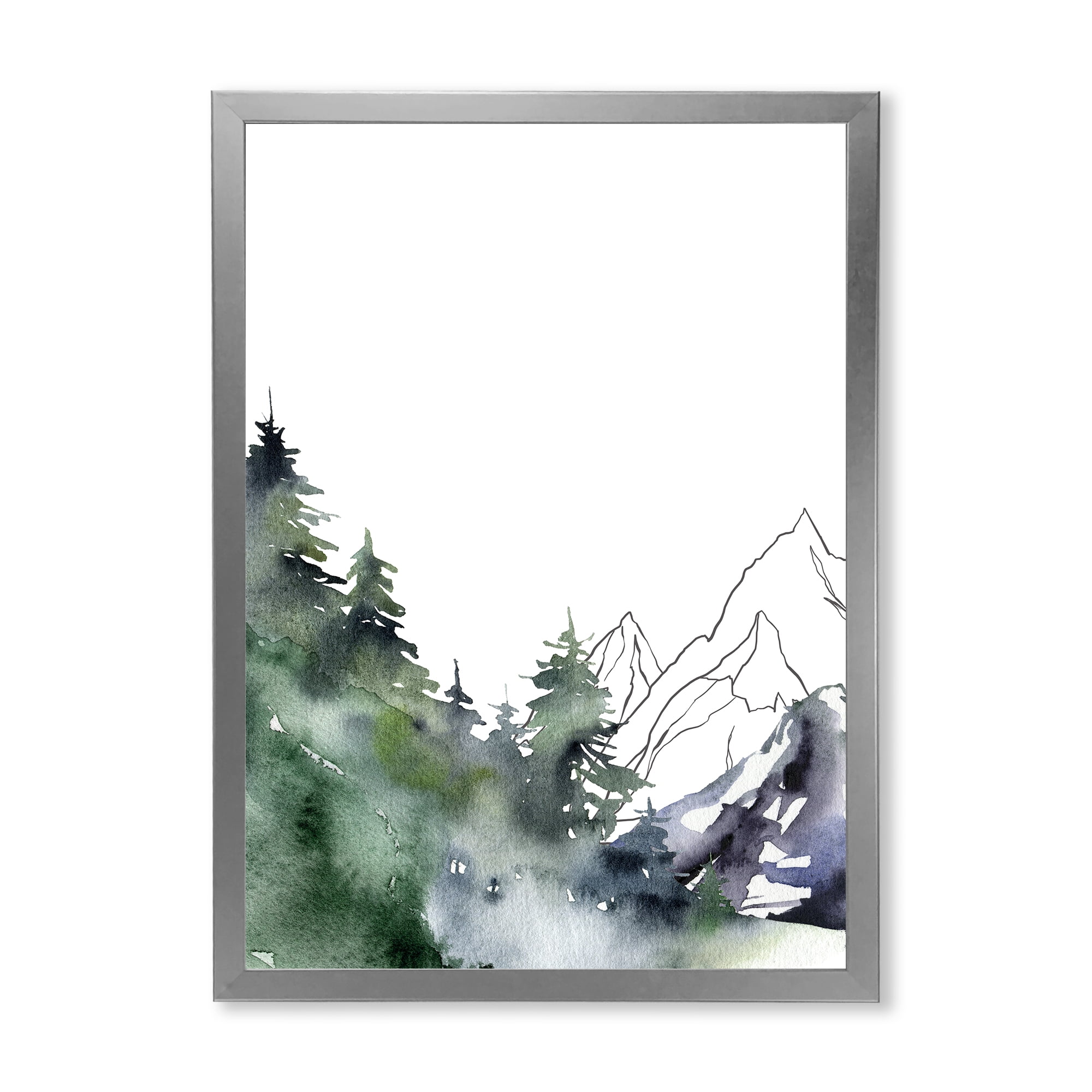 Designart 'Trees With Winter Dark Blue Mountain Landscape III' Modern Framed Art Print