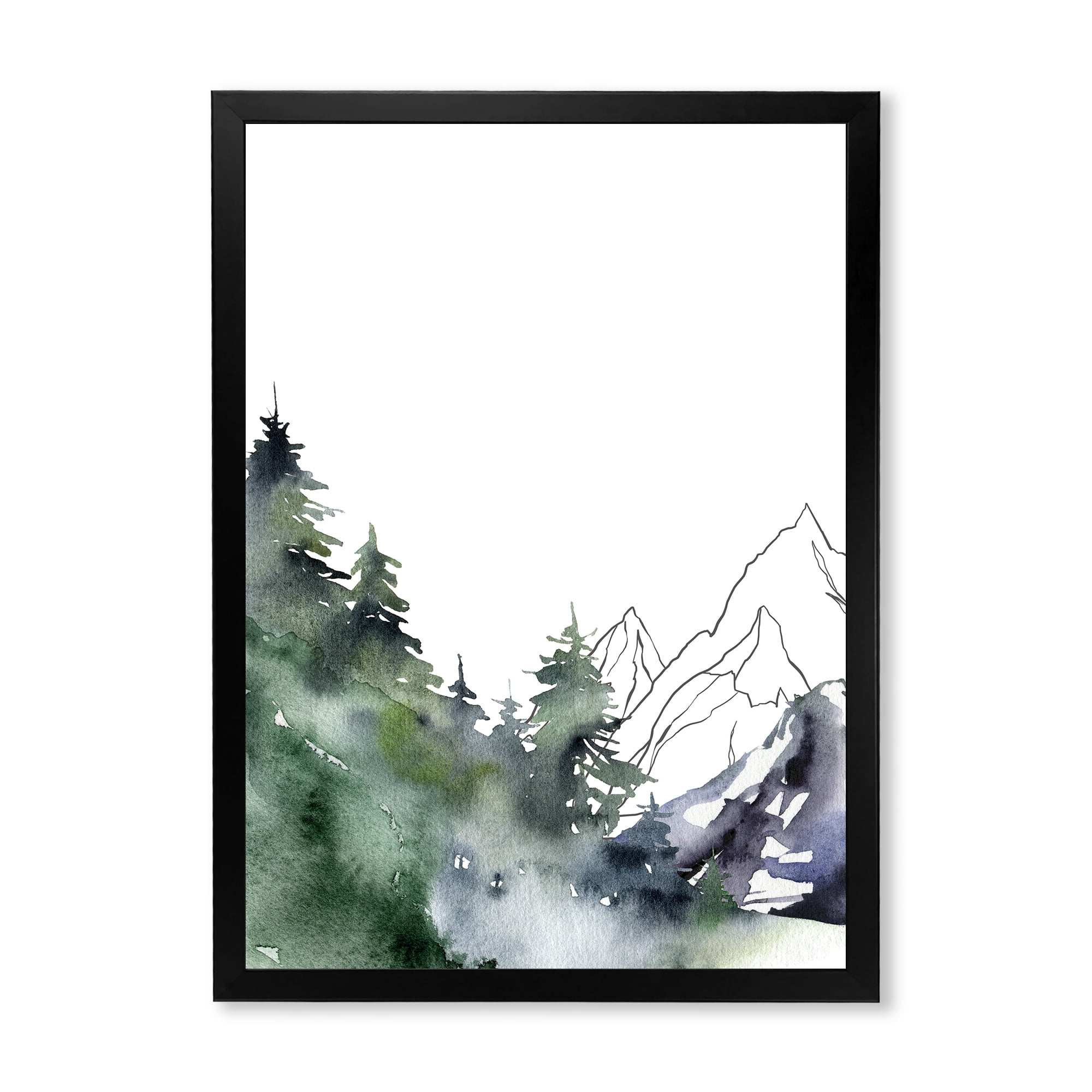 Designart 'Trees With Winter Dark Blue Mountain Landscape III' Modern Framed Art Print