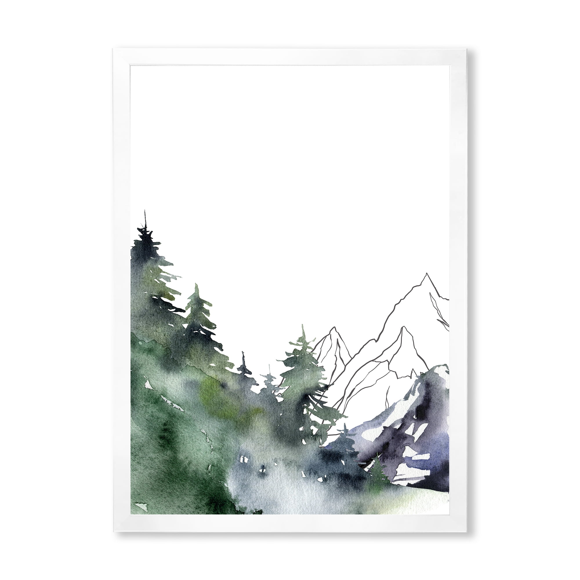 Designart 'Trees With Winter Dark Blue Mountain Landscape III' Modern Framed Art Print