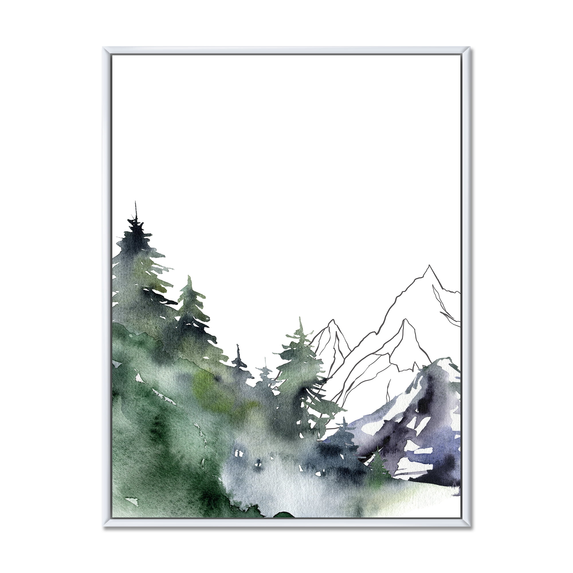 Designart 'Trees With Winter Dark Blue Mountain Landscape III' Modern Framed Canvas Wall Art Print