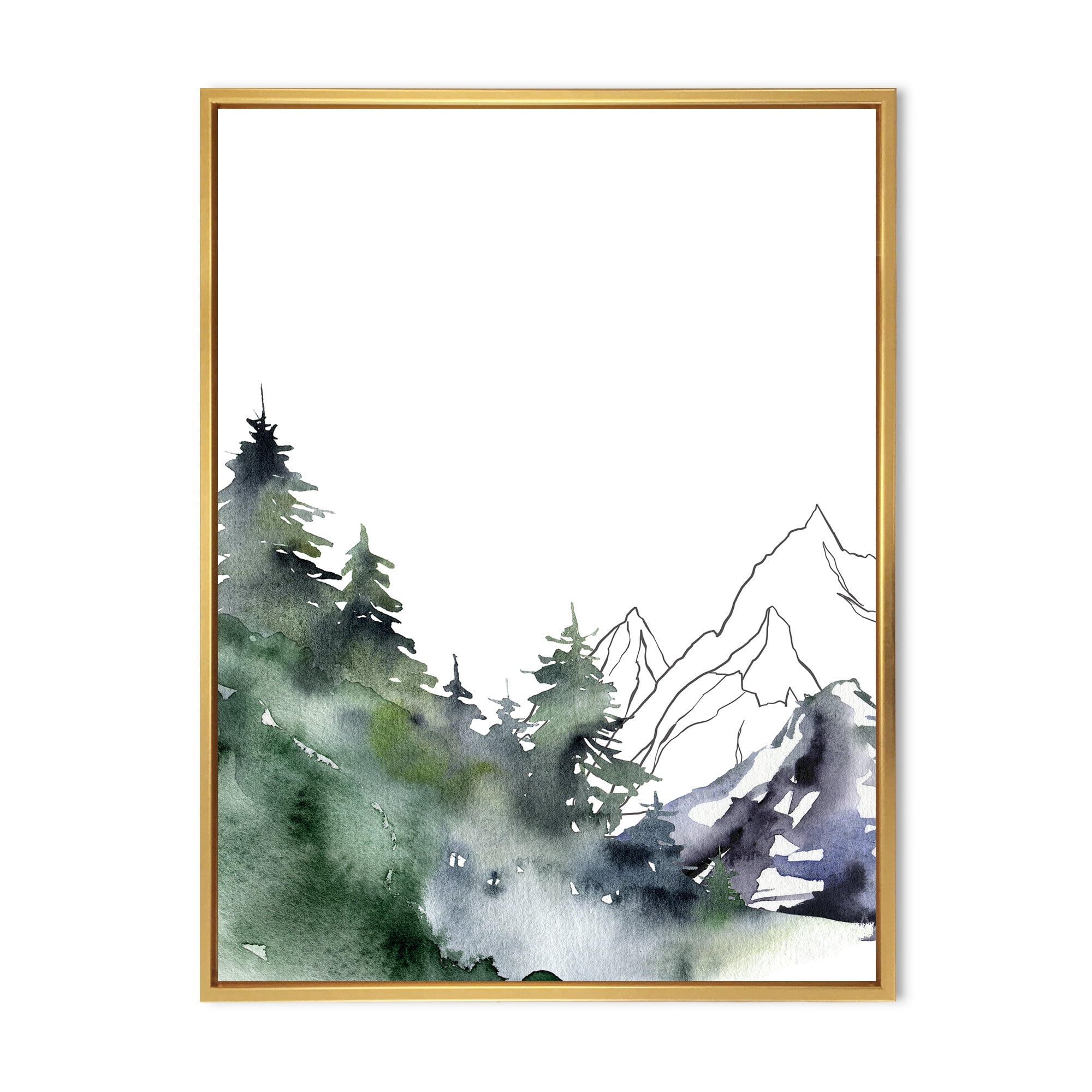 Designart 'Trees With Winter Dark Blue Mountain Landscape III' Modern Framed Canvas Wall Art Print