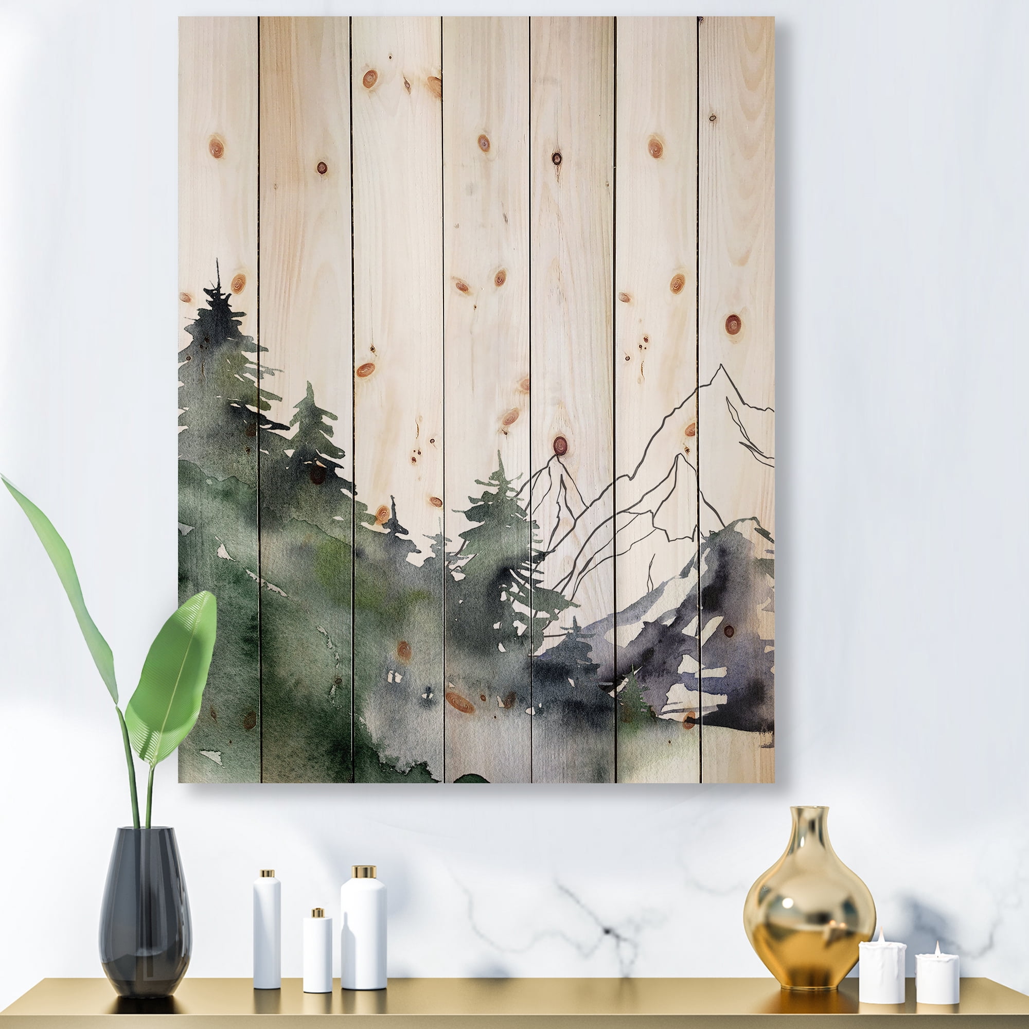 Designart 'Trees With Winter Dark Blue Mountain Landscape III' Modern Print on Natural Pine Wood