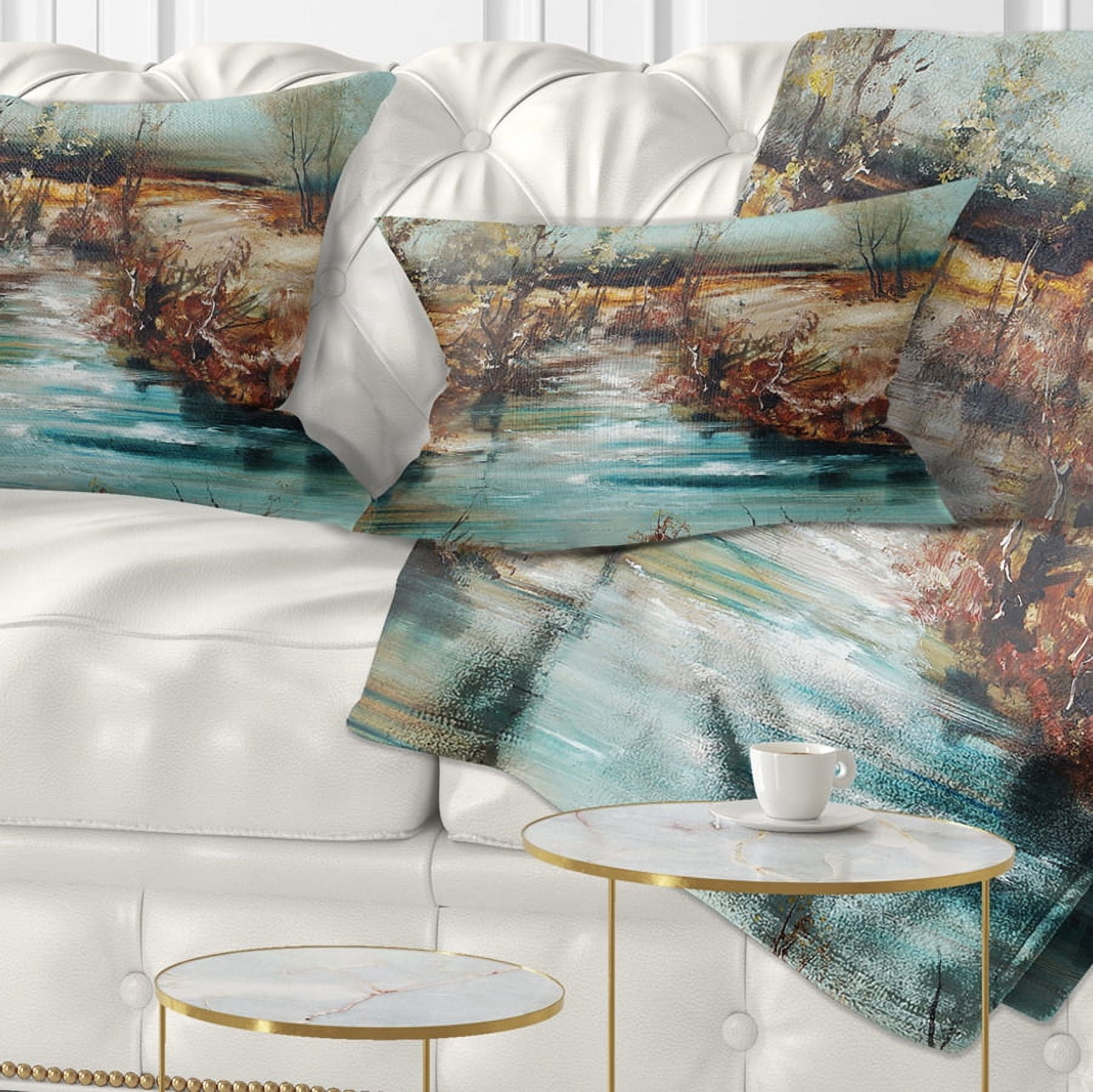 Designart Trees and Creek Oil Painting - Landscape Painting Throw Pillow - 12x20