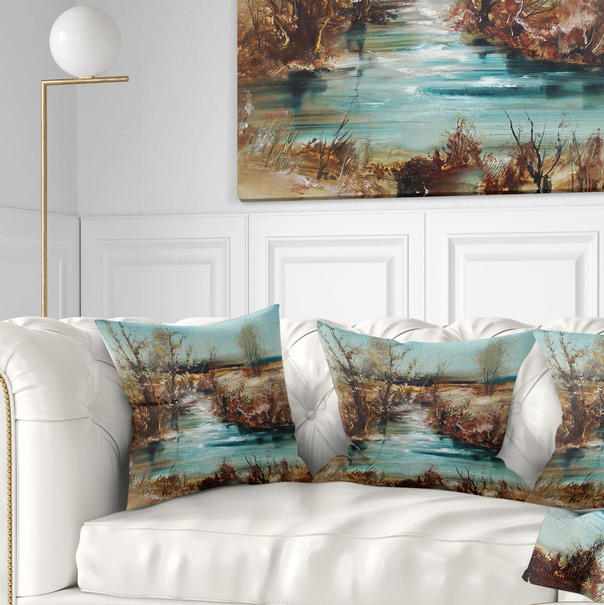 Designart Trees and Creek Oil Painting - Landscape Painting Throw Pillow - 16x16