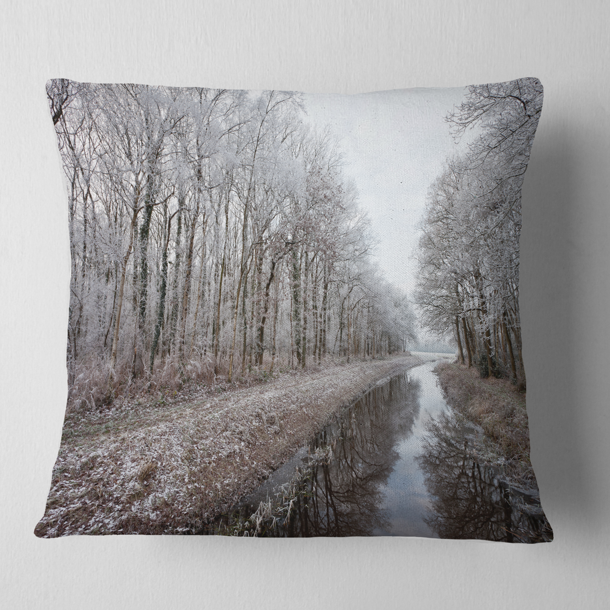 Designart Trees in White Winter Landscape - Landscape Printed Throw Pillow - 16x16