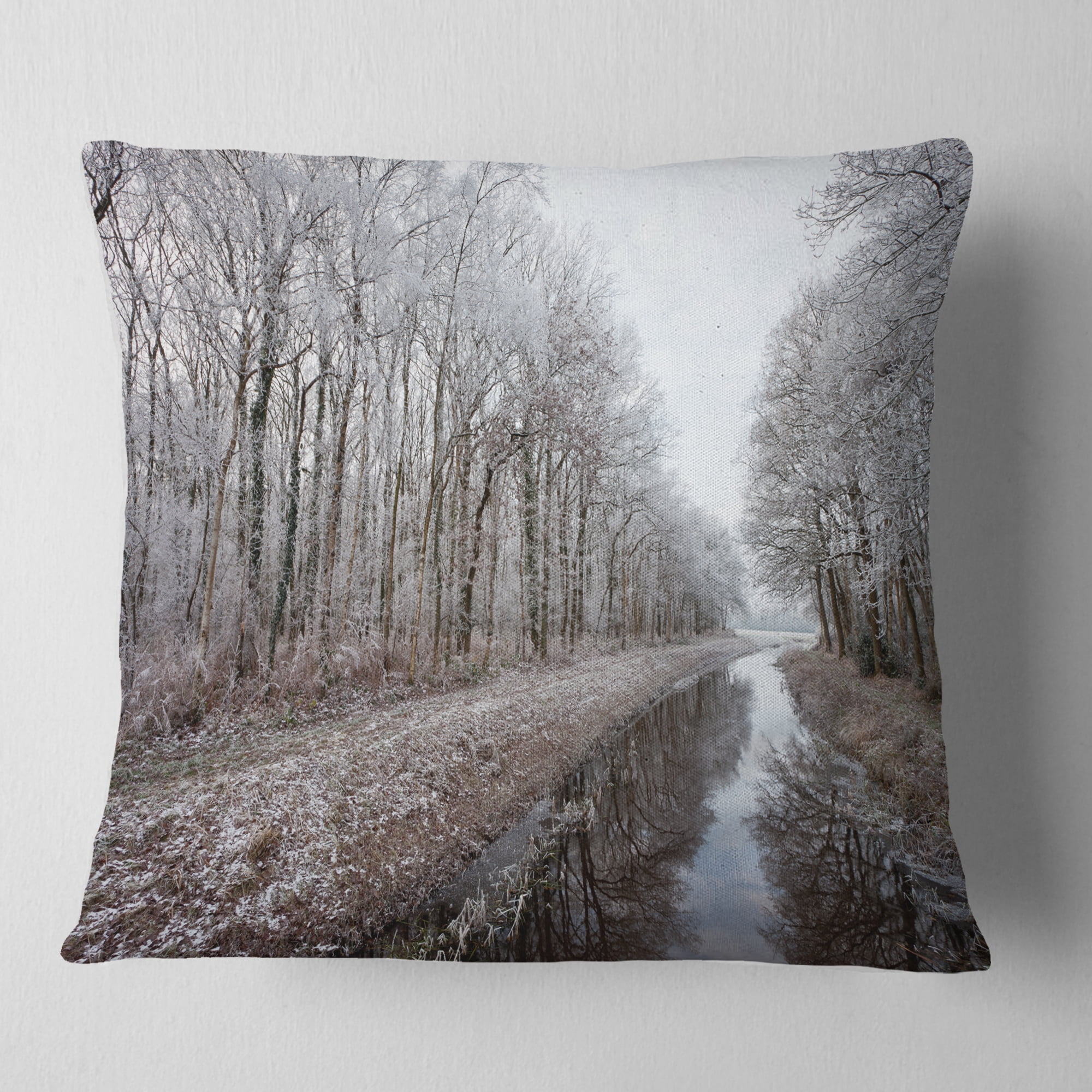Designart Trees in White Winter Landscape - Landscape Printed Throw Pillow - 18x18