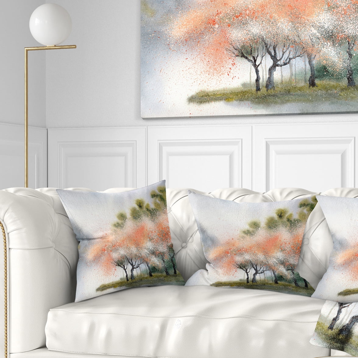 Designart Trees with Flowers Near River - Landscape Printed Throw Pillow - 16x16