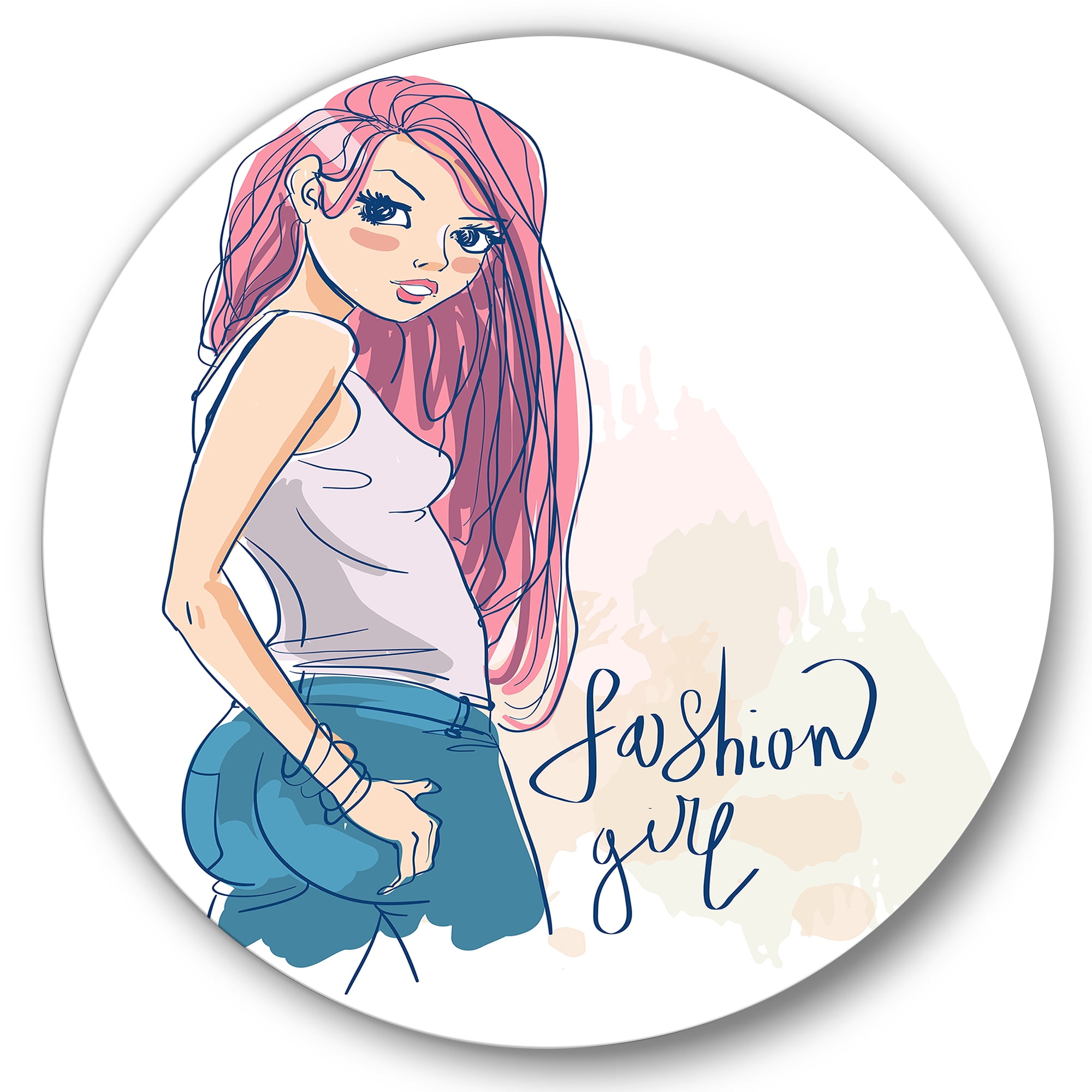 Designart 'Trendy Fashion Woman I' Children's Art Circle Metal Wall Art 36x36 - Disc of 36