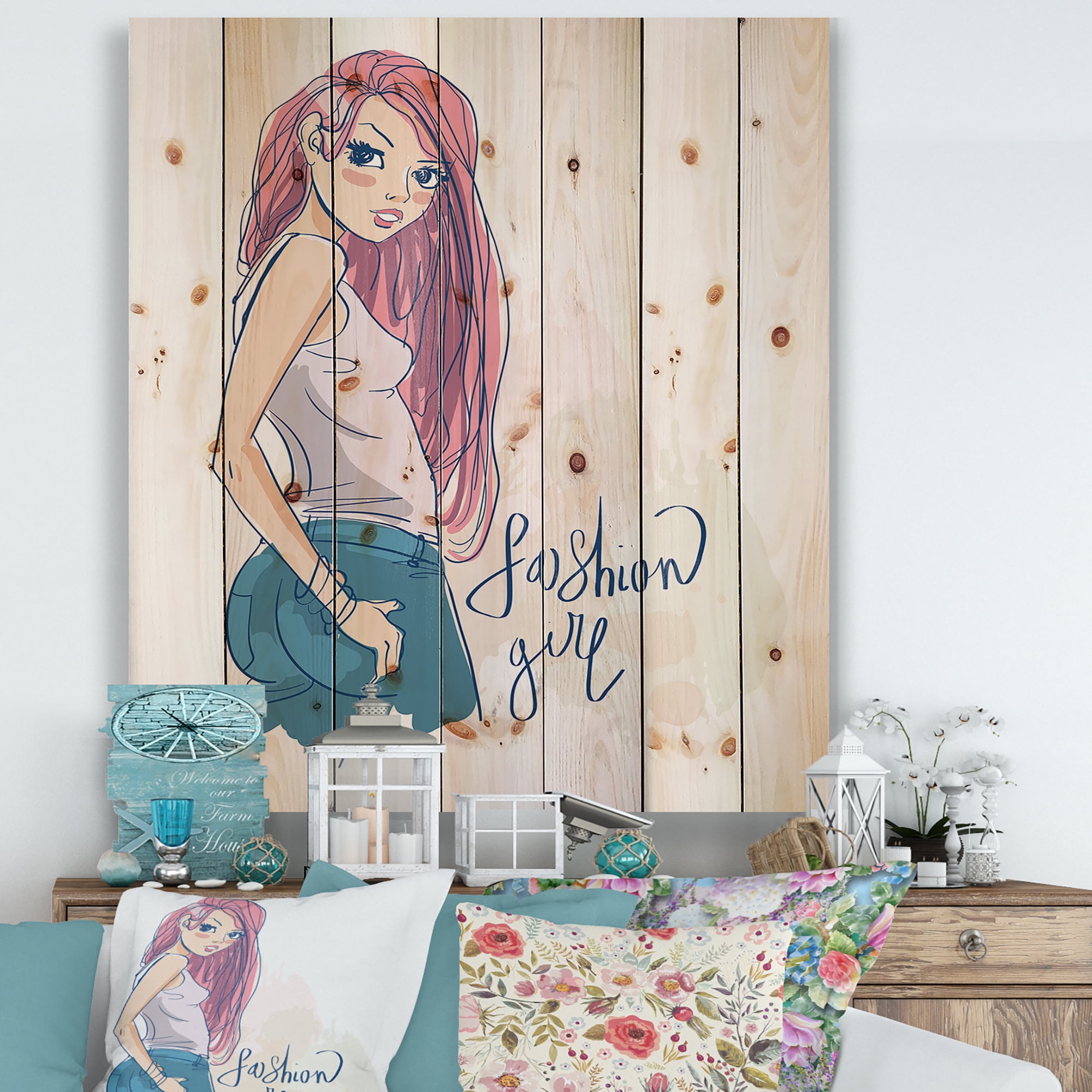 Designart 'Trendy Fashion Woman I' Children's Art Print on Natural Pine Wood