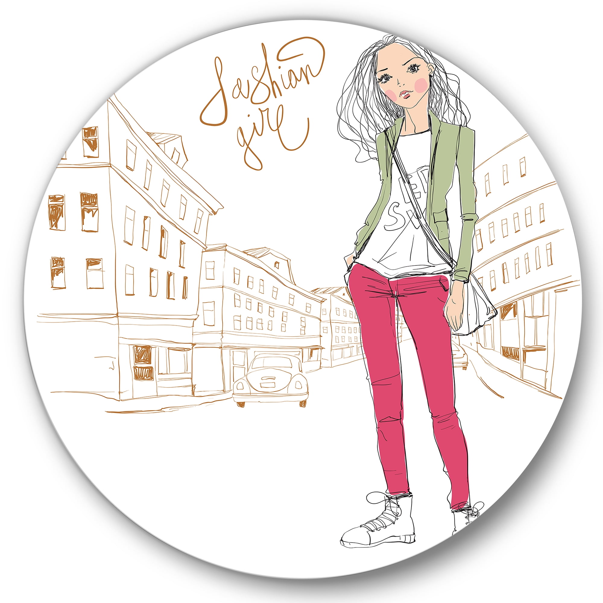Designart 'Trendy Fashion Woman II' Children's Art Circle Metal Wall Art 36x36 - Disc of 36