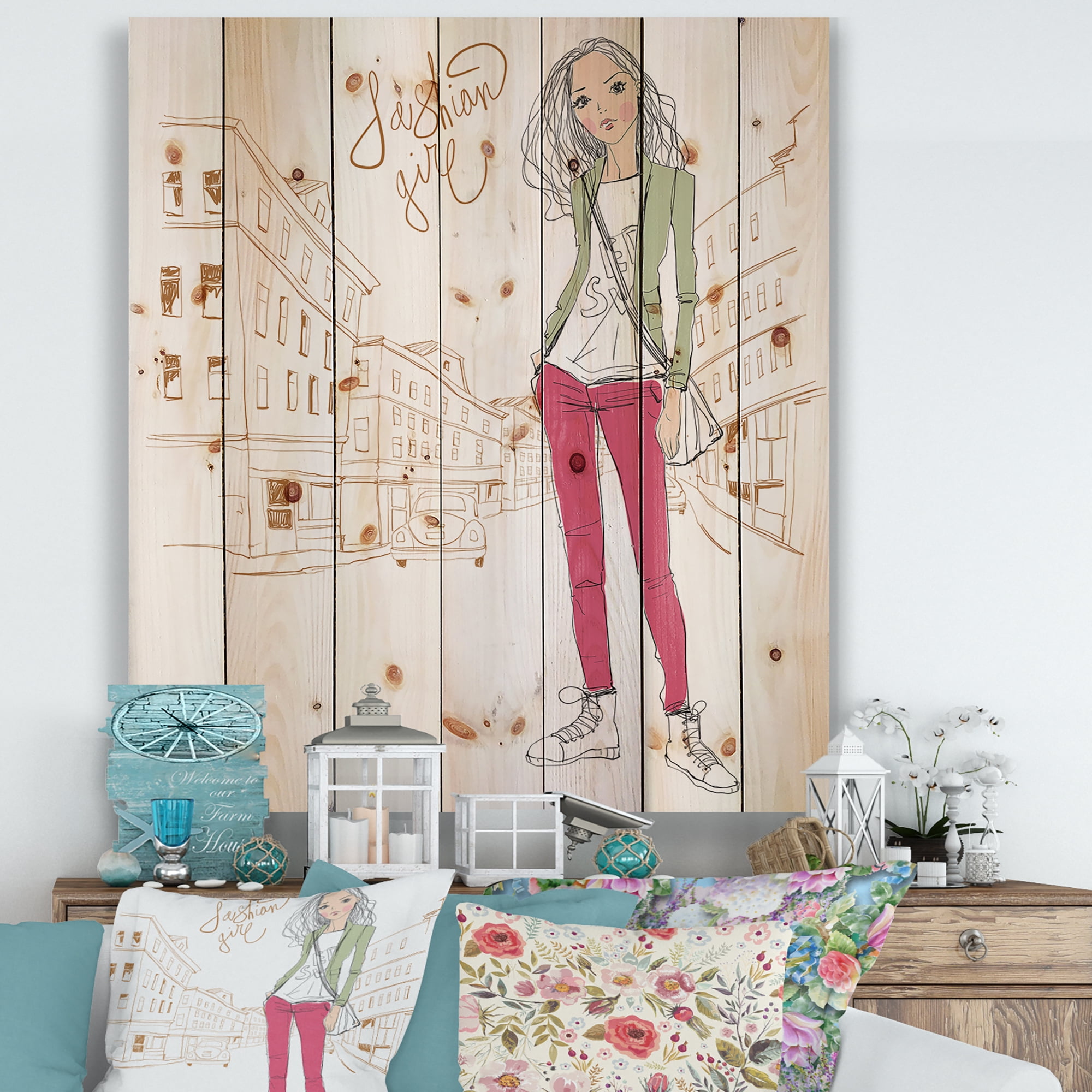 Designart 'Trendy Fashion Woman II' Children's Art Print on Natural Pine Wood