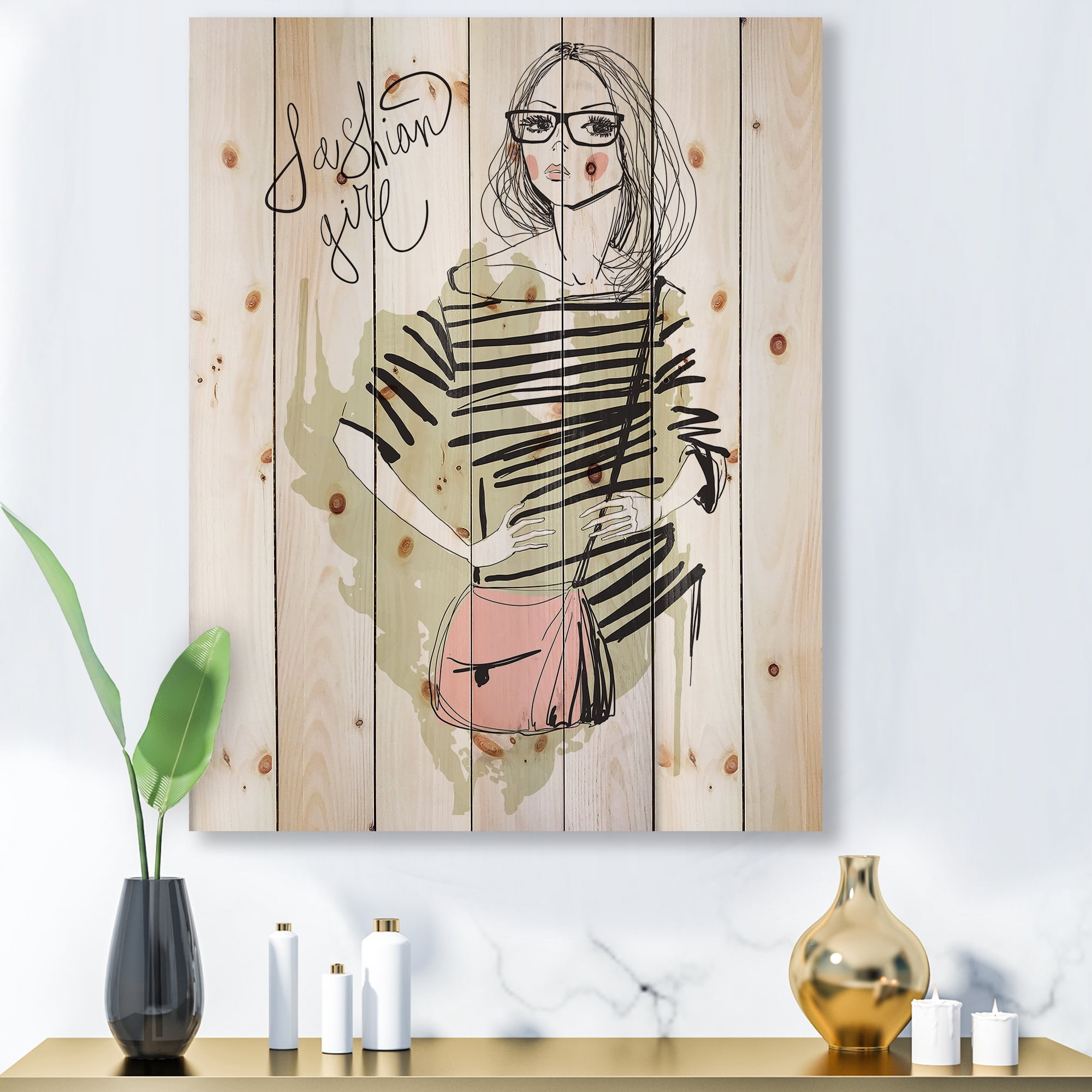 Designart 'Trendy Fashion Woman' Shabby Chic Print on Natural Pine Wood