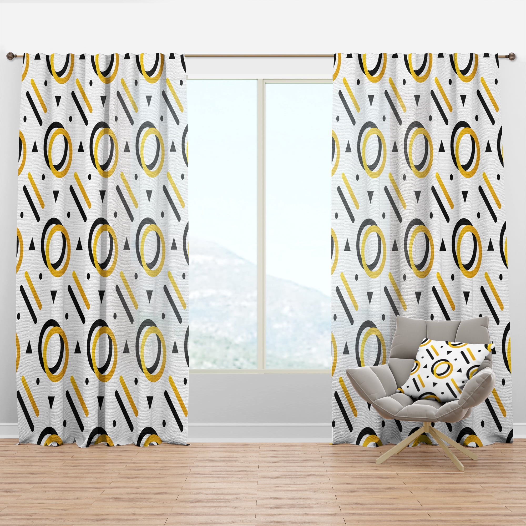 Designart 'Trendy Gold and Black Triangular Pattern II' Mid-Century Modern Curtain Panel