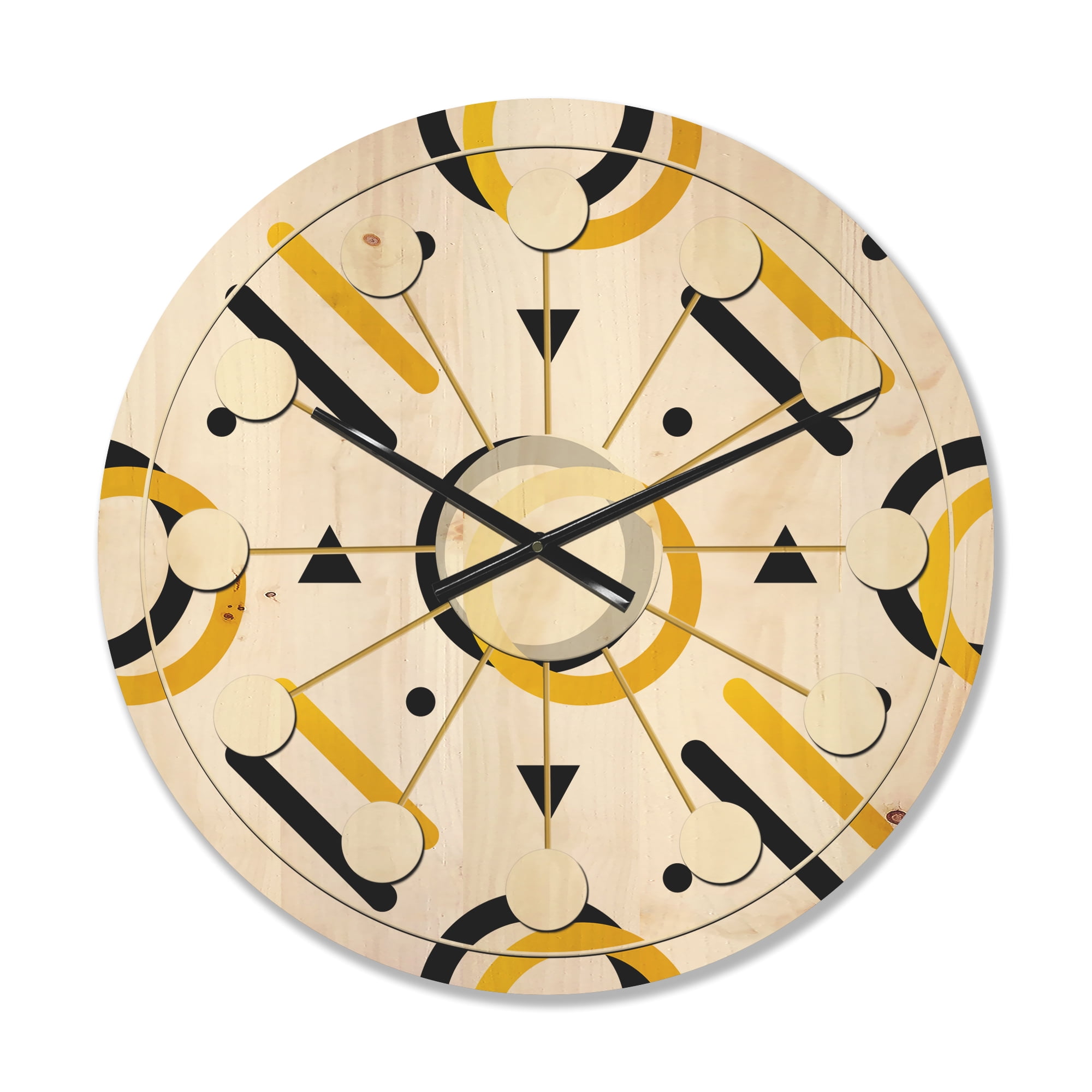 Designart 'Trendy Gold and Black Triangular Pattern II' Mid-Century Modern Wood Wall Clock