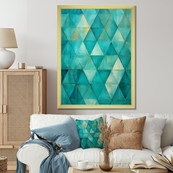 Designart "Triangles In Turquoise I" Abstract Shapes Picture Framed Wall Art Living Room