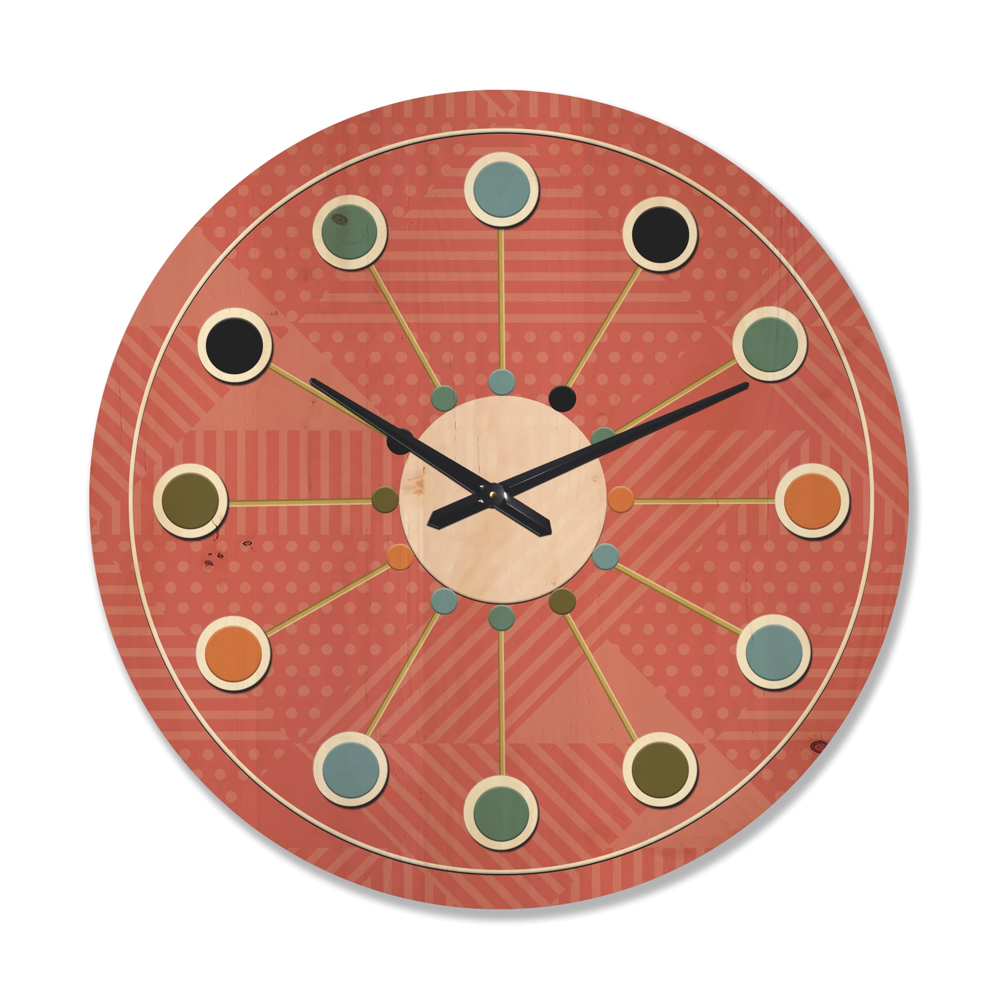 Designart 'Triangual Coral Retro Pattern' Mid-Century Modern Wood Wall Clock