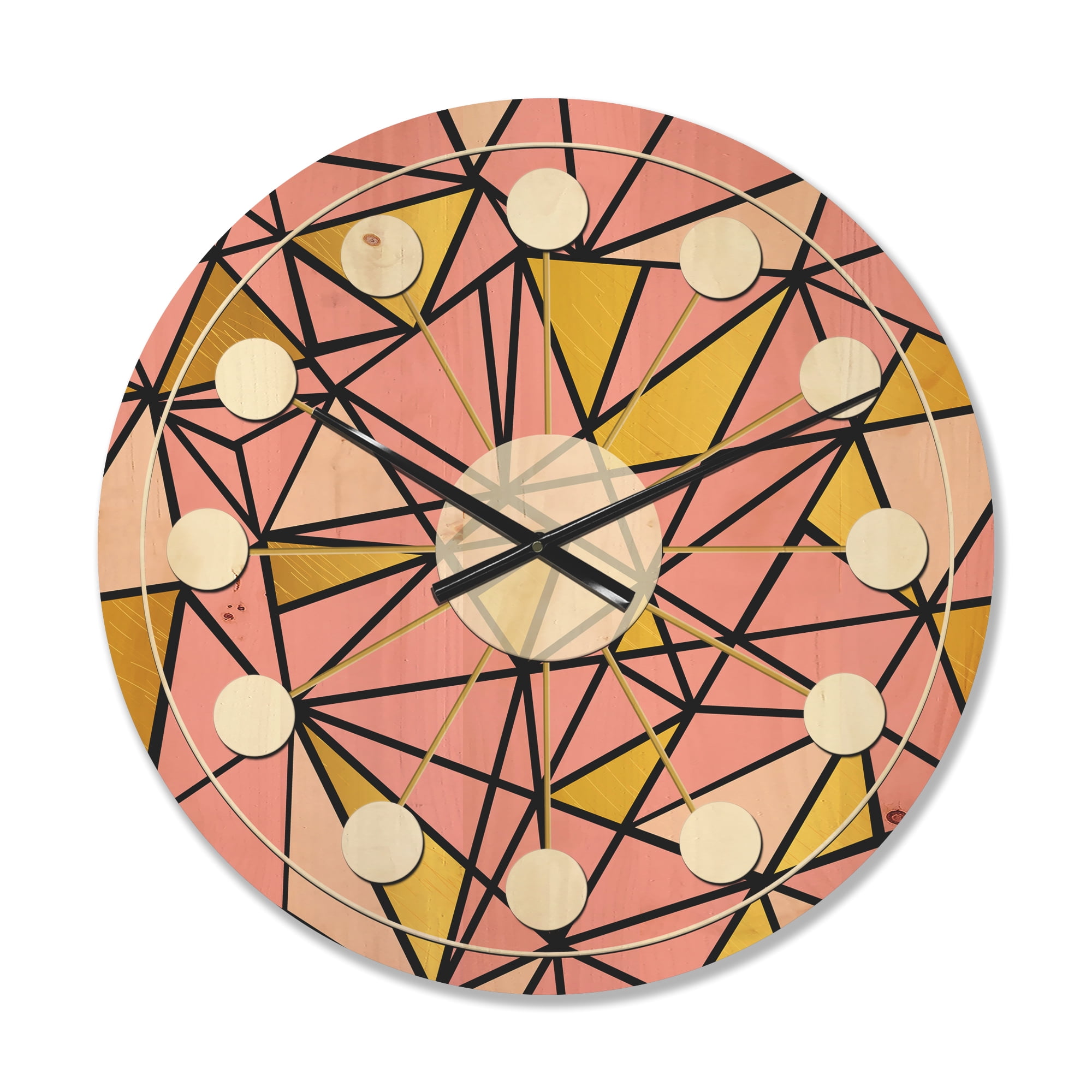 Designart 'Triangular Gold Design Retro II' Mid-Century Modern Wood Wall Clock