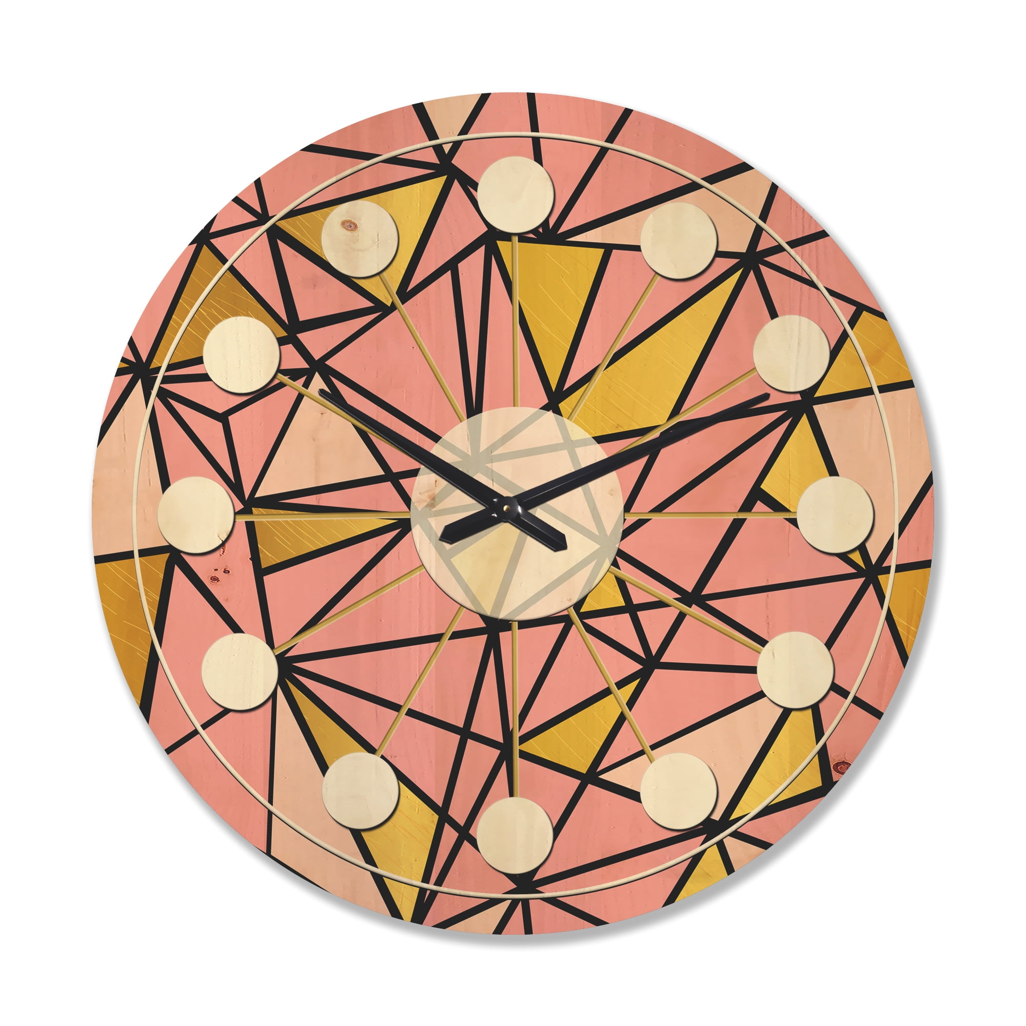 Designart 'Triangular Gold Design Retro II' Mid-Century Modern Wood Wall Clock