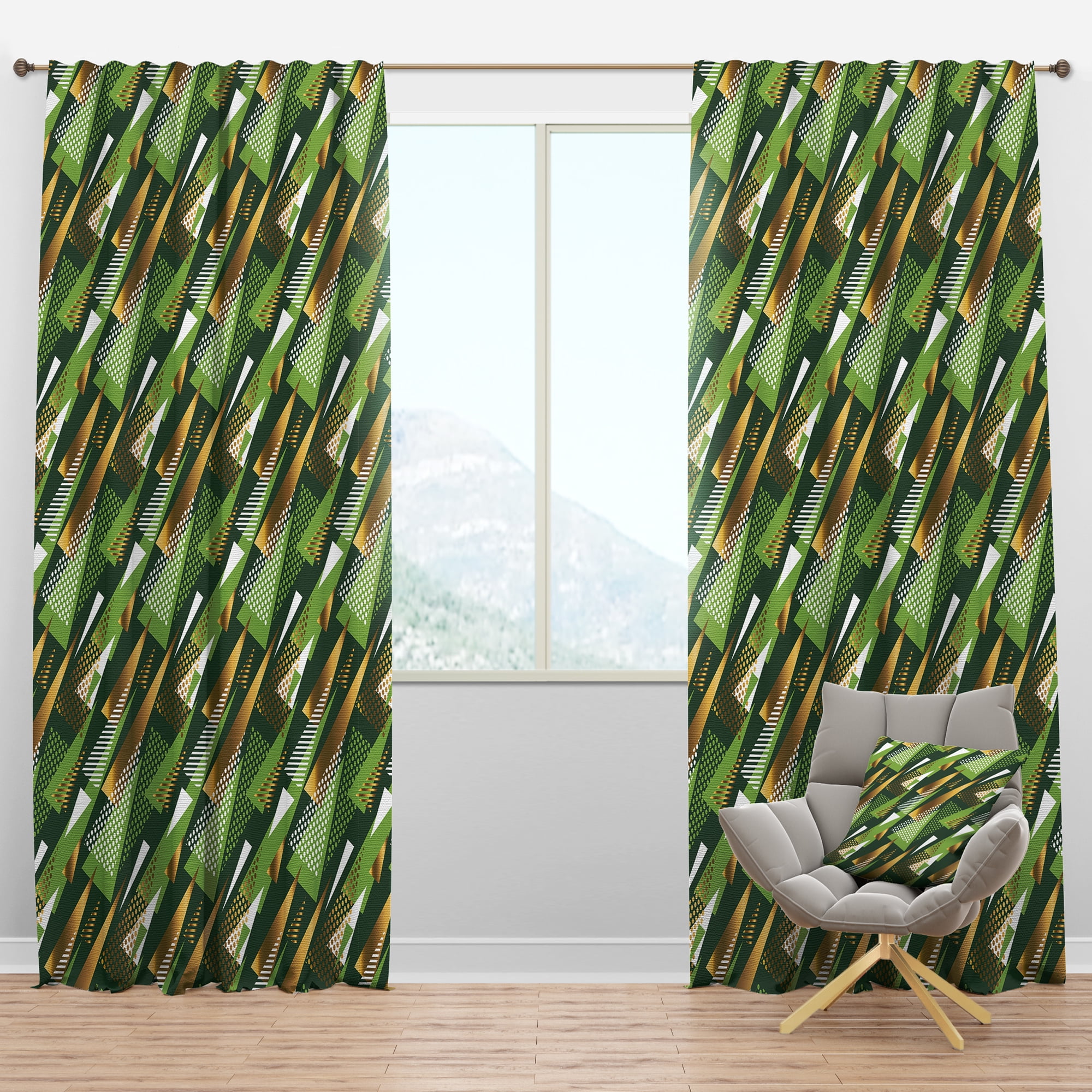 Designart 'Triangular Green and Gold Design I' Mid-Century Modern Blackout Curtain Panel