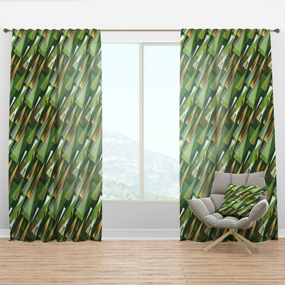 Designart 'Triangular Green and Gold Design I' Mid-Century Modern Curtain Panel