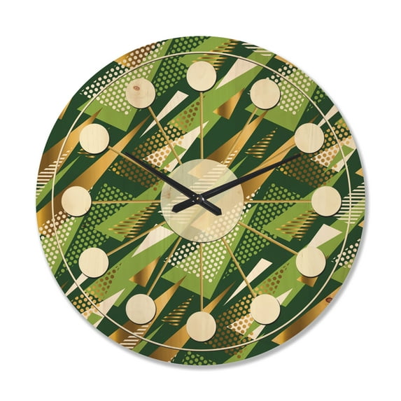 Designart 'Triangular Green and Gold Design I' Mid-Century Modern Wood Wall Clock