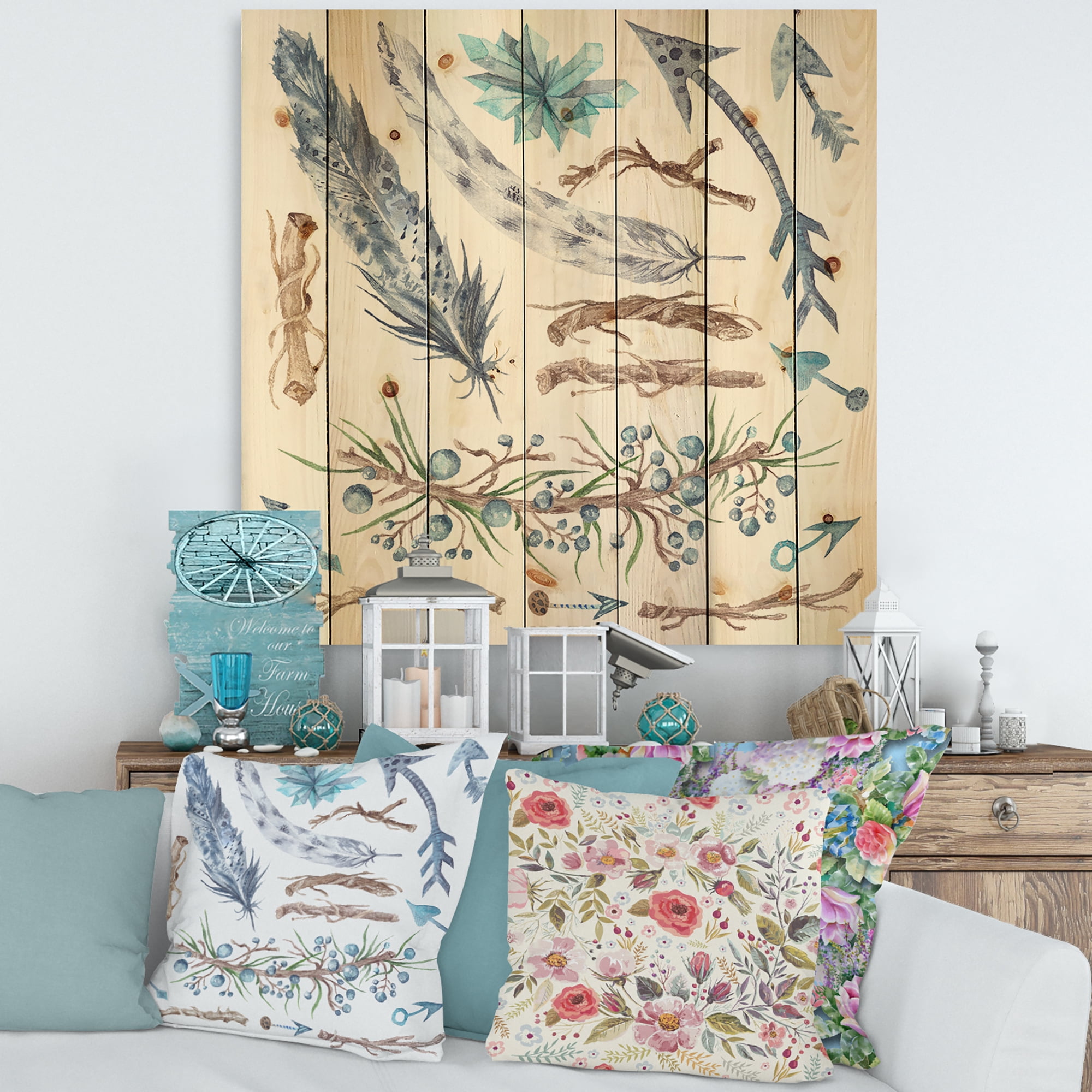 Designart 'Tribal Forest Elements' Bohemian & Eclectic Print on Natural Pine Wood