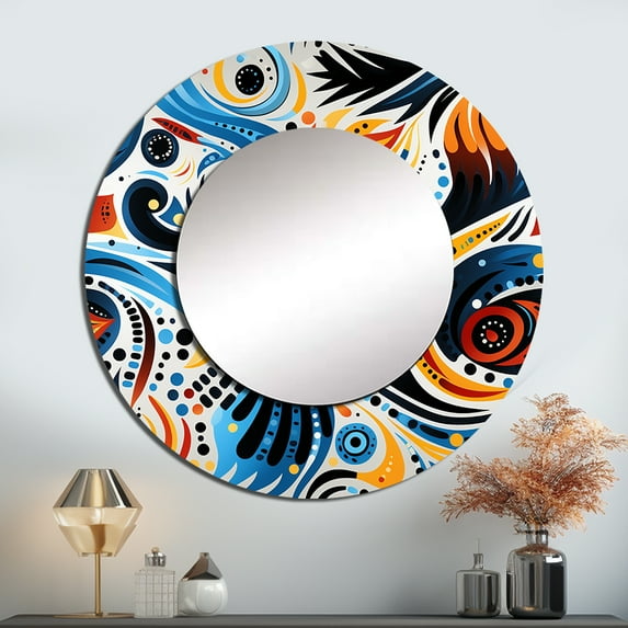 Designart "Tribal Imagination I" Abstract Blue Large Round Mirror - Round Bedroom Mirror Wall Decor - Modern Round Printed Mirror - 23" x 23"
