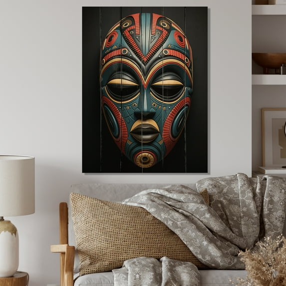 Designart "Tribal Pende African Mask I" African Tribal Print on Natural Pine Wood