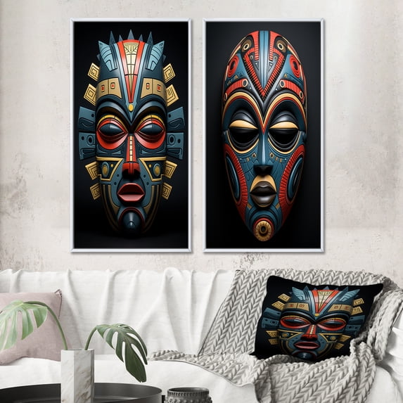 Designart "Tribal Pende African Mask II" African Tribal Framed Wall Art Set Of 2 - Coral People Framed Wall Art Set Of 2