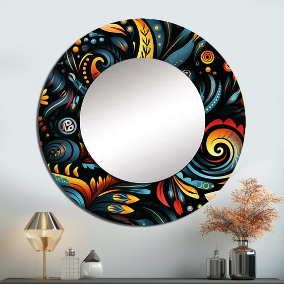 Designart "Tribalmagination II" Abstract Rund Mirror For Wall Decor - Large Blue Round Printed Mirror -Modern Round Living Room Mirror - 23" x 23"