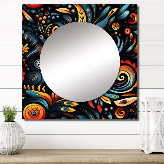 Designart "Tribalmagination II" Abstract Square Mirror For Wall Decor - Large Blue Square Printed Wall Mirror Art - Square Modern Mirror - Wall Mounted Square Large Mirror