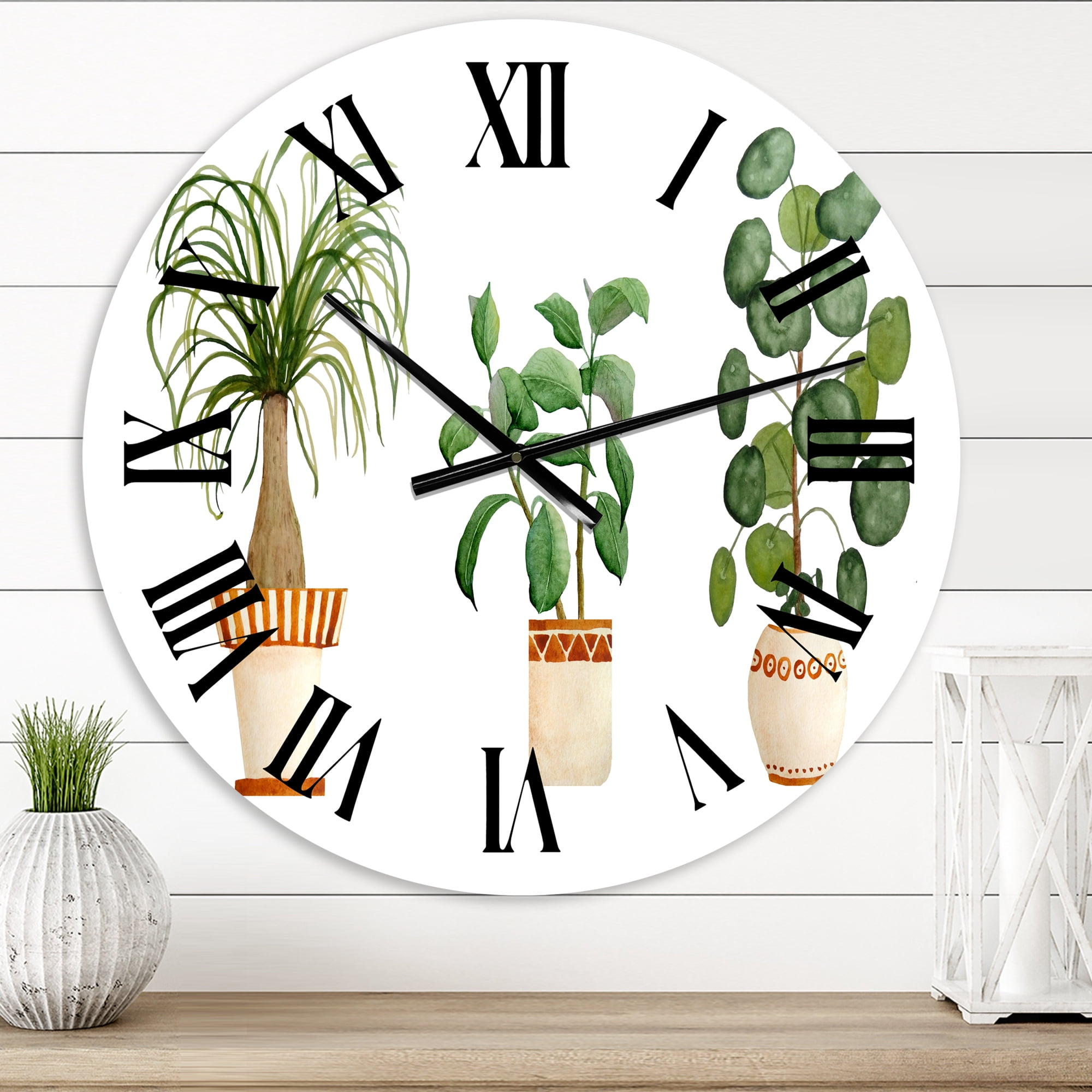 Designart 'Trio Of House Plants Ponytail Palm And Ficus' Traditional Wall Clock