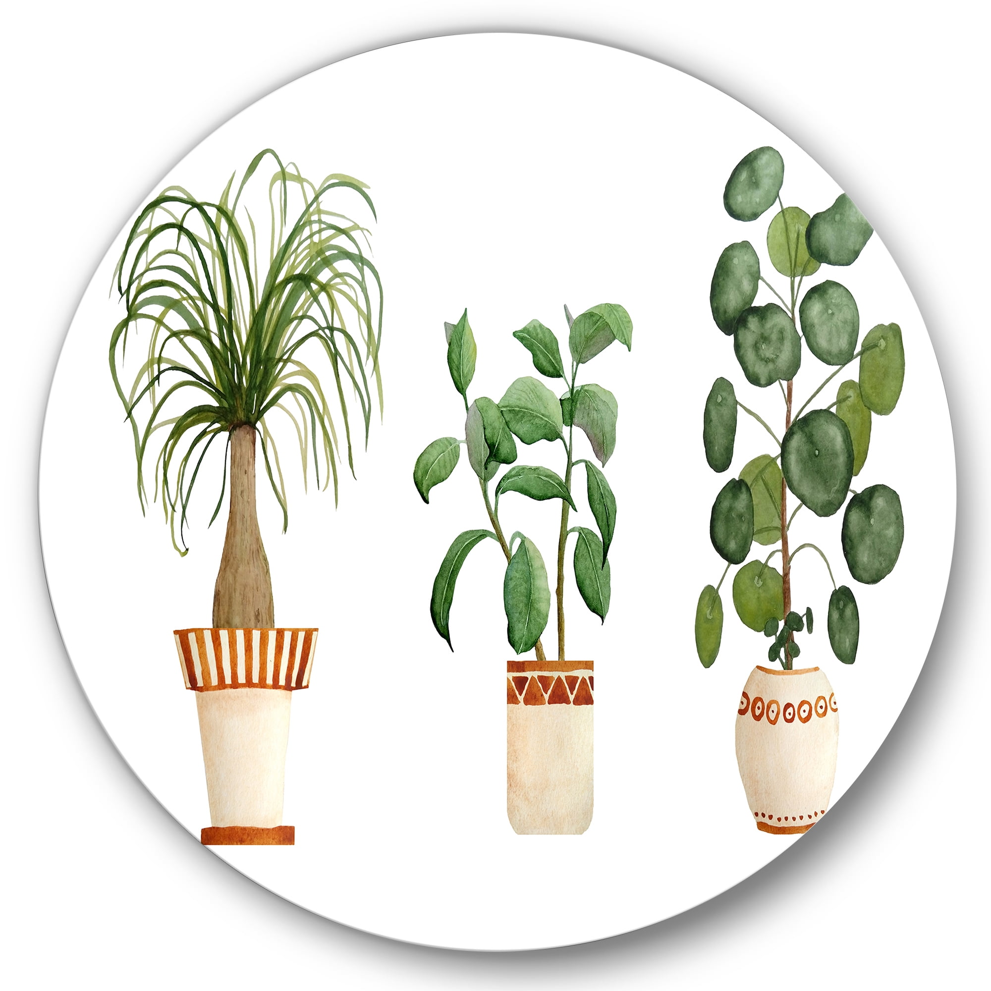Designart 'Trio of House Plants Ficus Ponytail and Palm' Traditional Circle Metal Wall Art 11x11 - Disc of 11