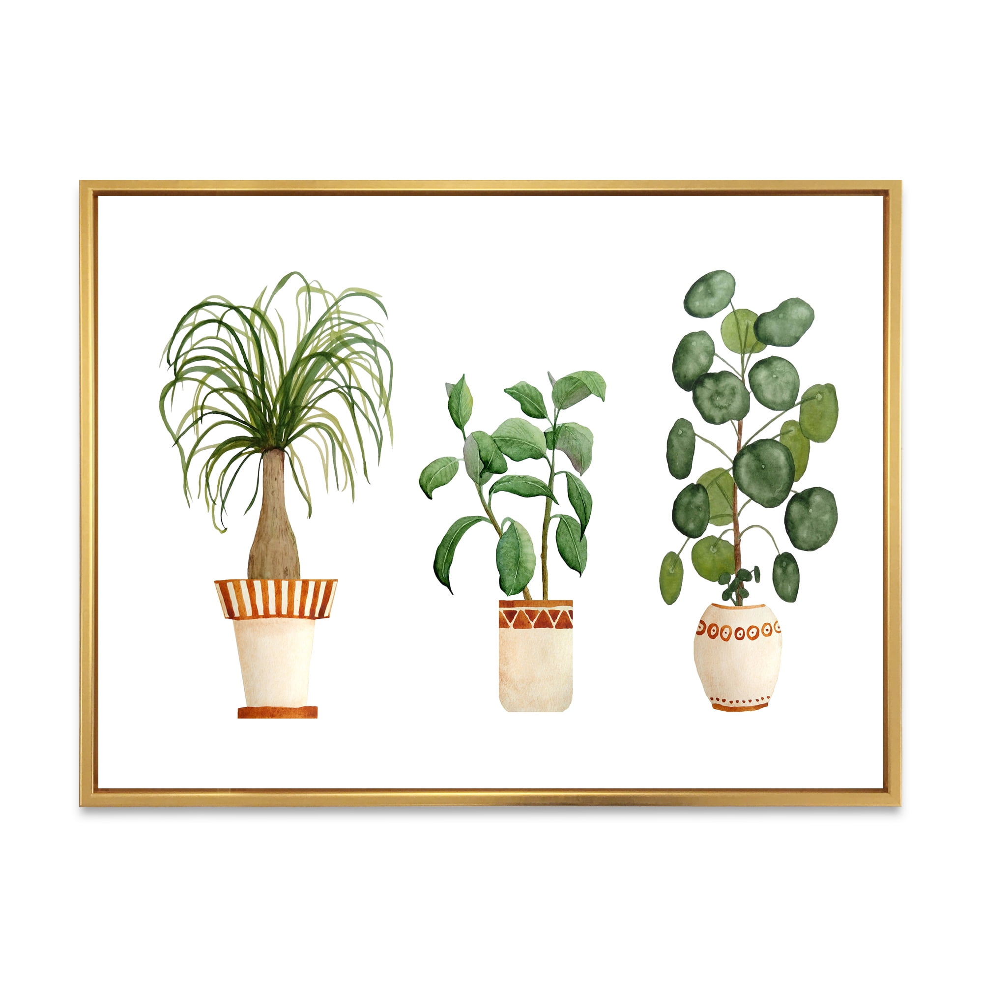 Designart 'Trio of House Plants Ficus Ponytail and Palm' Traditional Framed Canvas Wall Art Print