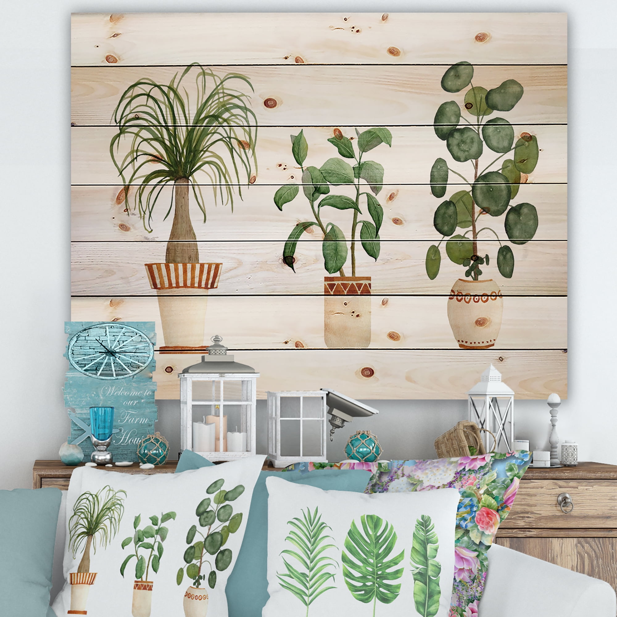 Designart 'Trio of House Plants Ficus Ponytail and Palm' Traditional Print on Natural Pine Wood