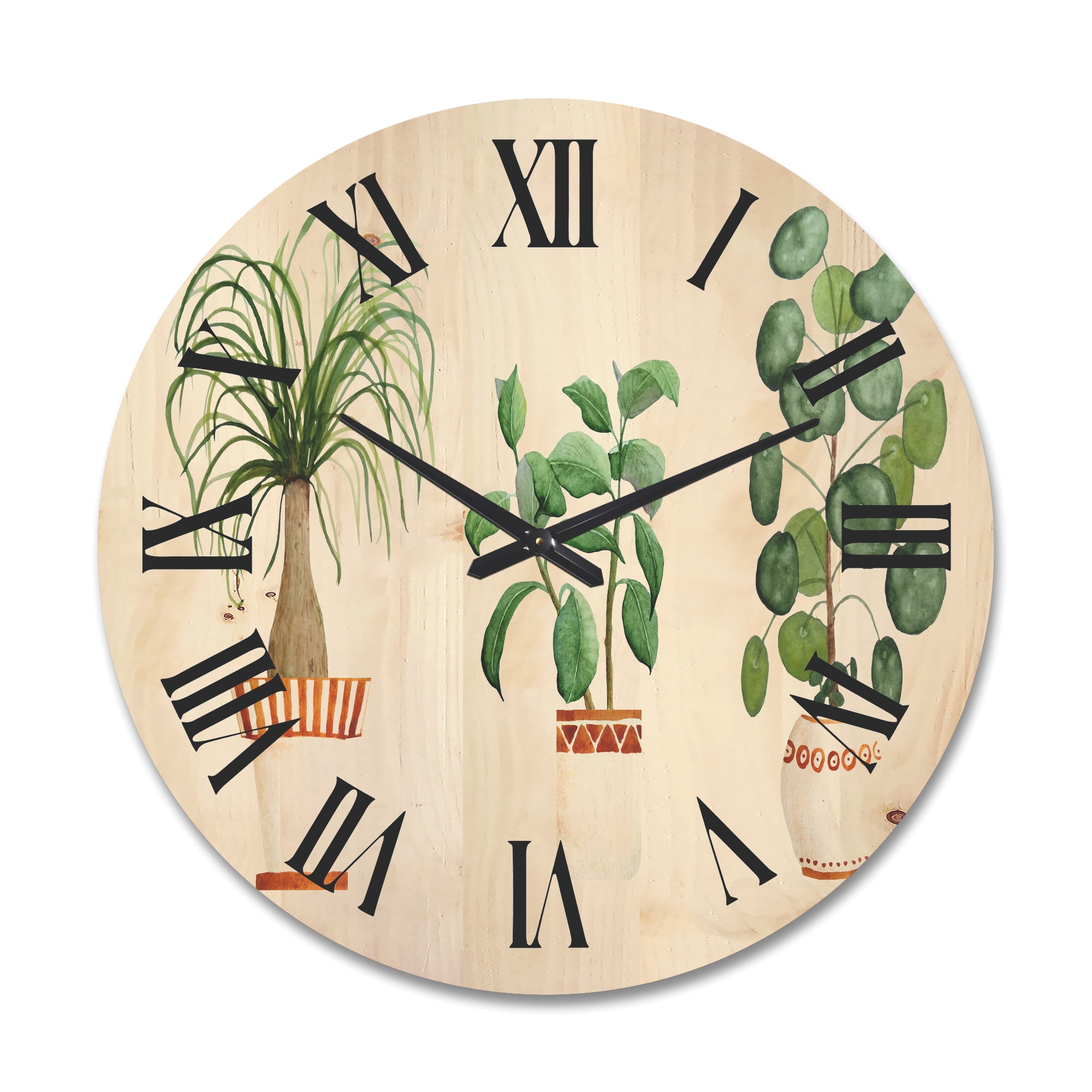 Designart 'Trio of House Plants Ficus Ponytail and Palm' Traditional Wood Wall Clock