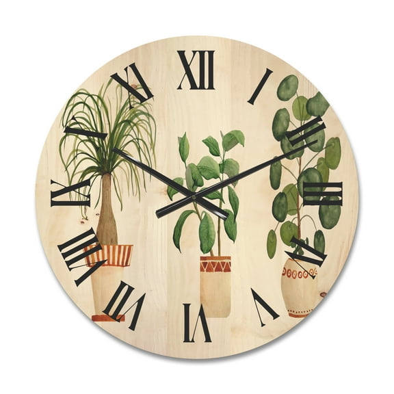 Designart 'Trio of House Plants Ficus Ponytail and Palm' Traditional Wood Wall Clock