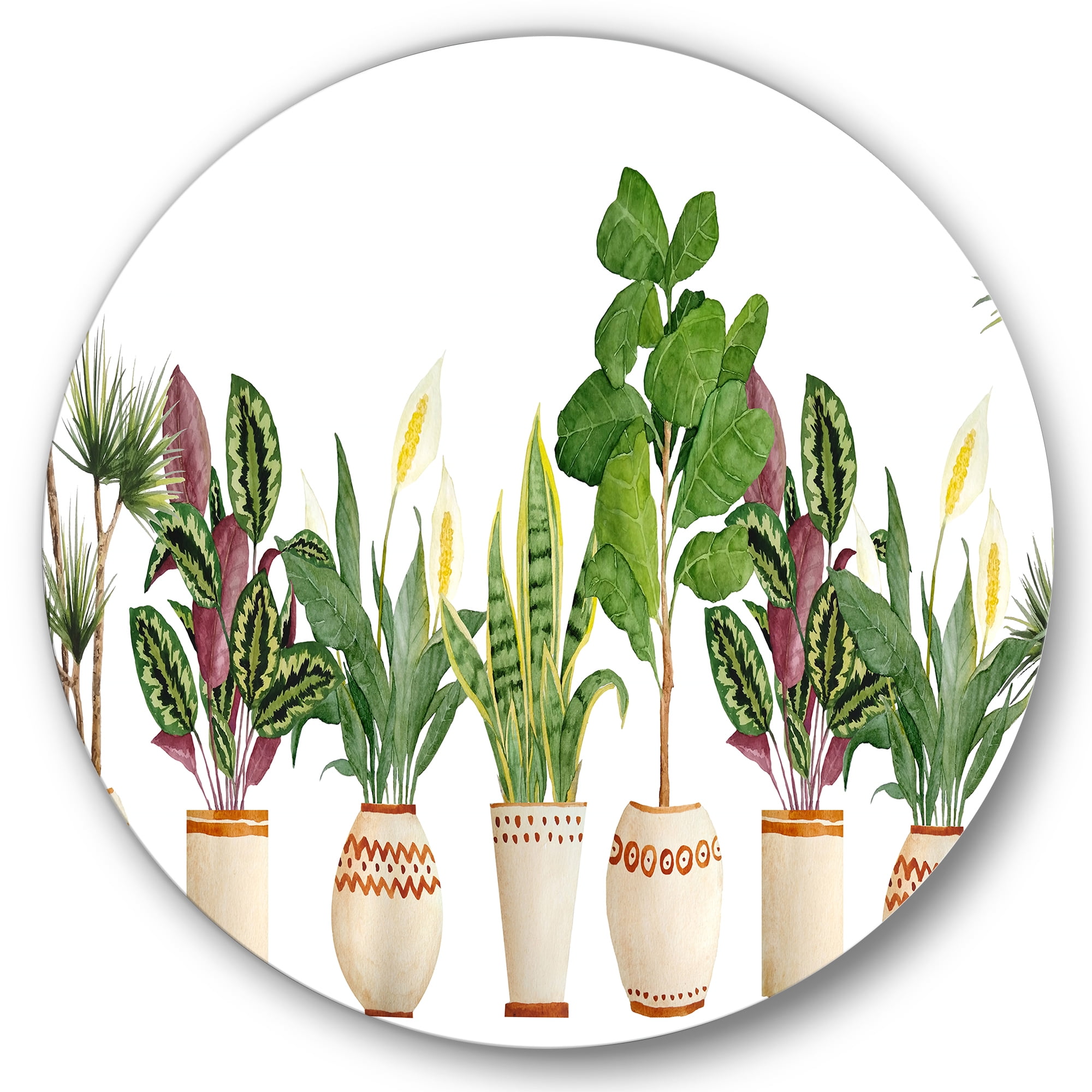 Designart 'Trio of Houseplants Sanseviera Snake Plants On White' Farmhouse Circle Metal Wall Art 23x23 - Disc of 23