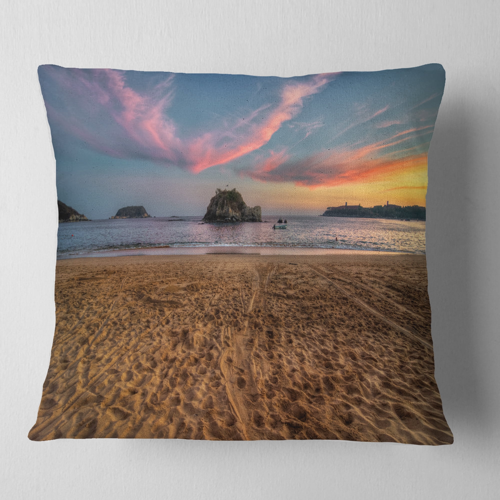 Designart Trodden Sand on Beach at Sunset - Seashore Throw Pillow - 18x18