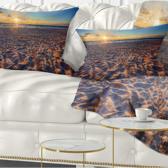 Designart Trodden Sandy Beach at Sunset - Seashore Throw Pillow - 12x20
