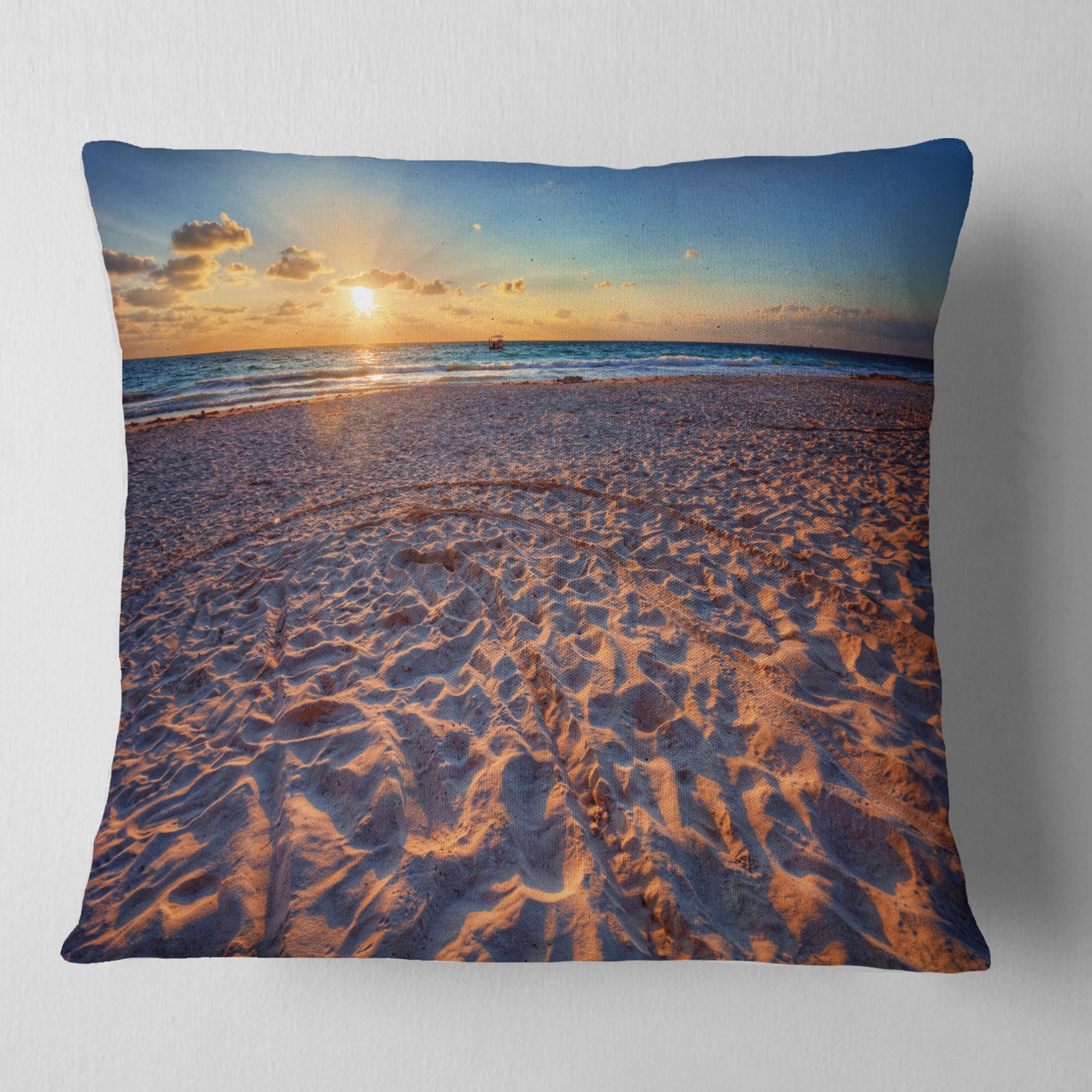 Designart Trodden Sandy Beach at Sunset - Seashore Throw Pillow - 18x18
