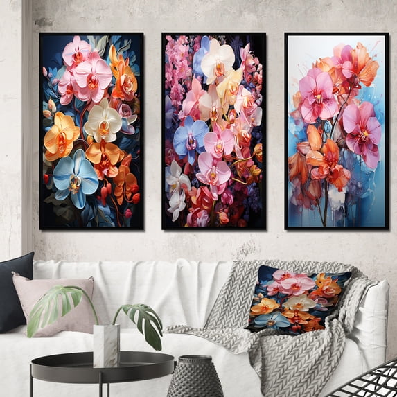 Designart "Tropical Allure Colorful Orchids" Floral Framed Wall Art Set Of 3 - Multi-Color Orchids Frame Gallery Wall Set For Home Decor