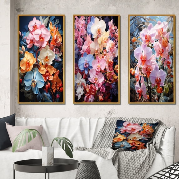 Designart "Tropical Allure of Pink Orchids" Floral Framed Wall Art Set Of 3 - Pink Orchids Frame Gallery Set For Office Decor