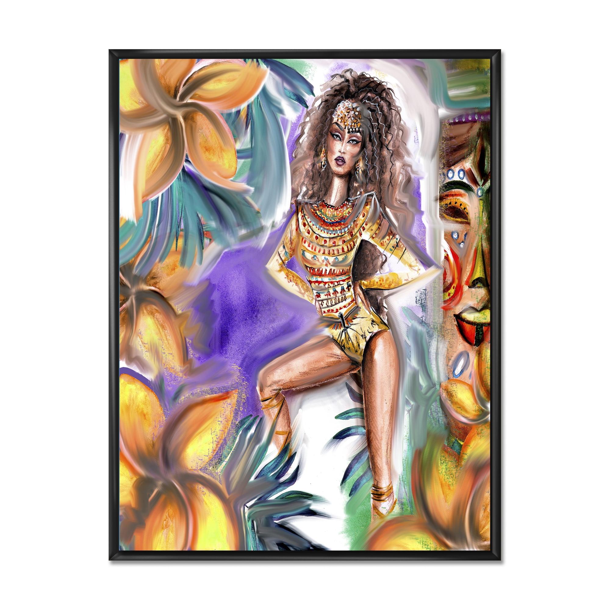 Designart 'Tropical Amazon Warrior Woman ' Traditional Framed Canvas Wall Art Print