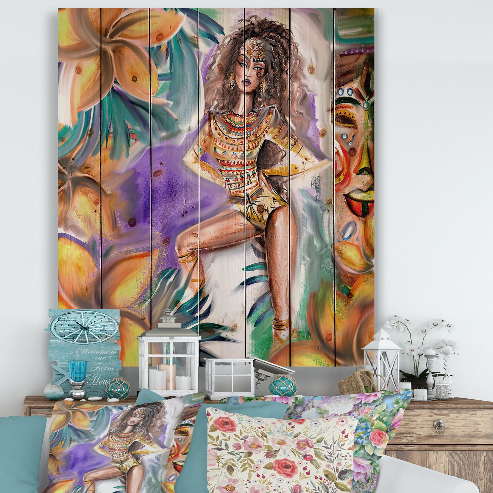 Designart 'Tropical Amazon Warrior Woman ' Traditional Print on Natural Pine Wood